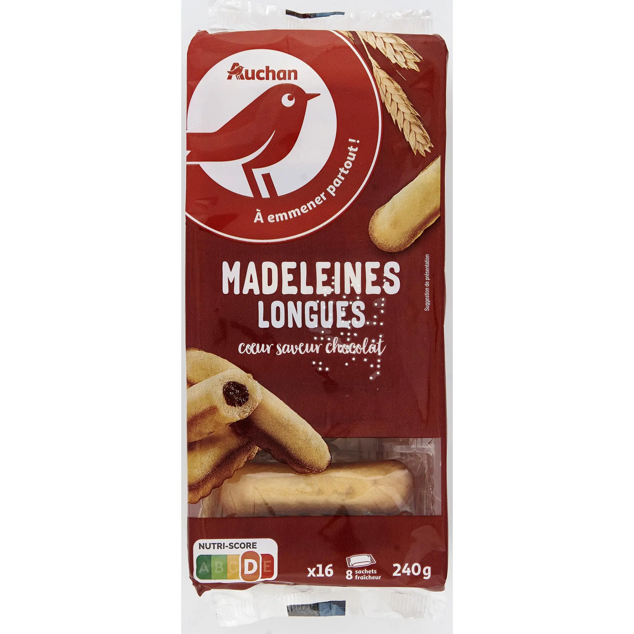 AUCHAN Madeleines longues cœur saveur chocolat sachets fraîcheur
