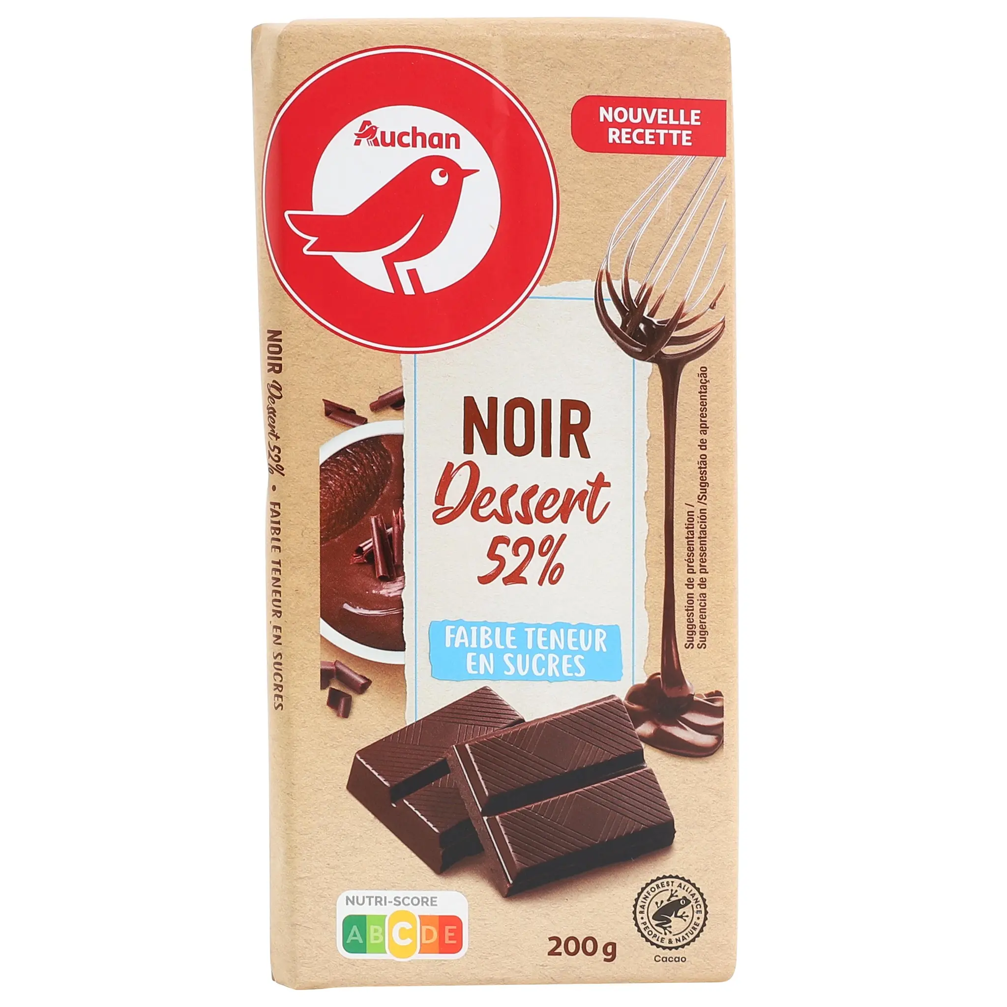 AUCHAN Tablette de chocolat noir dessert 52% faible teneur en sucre