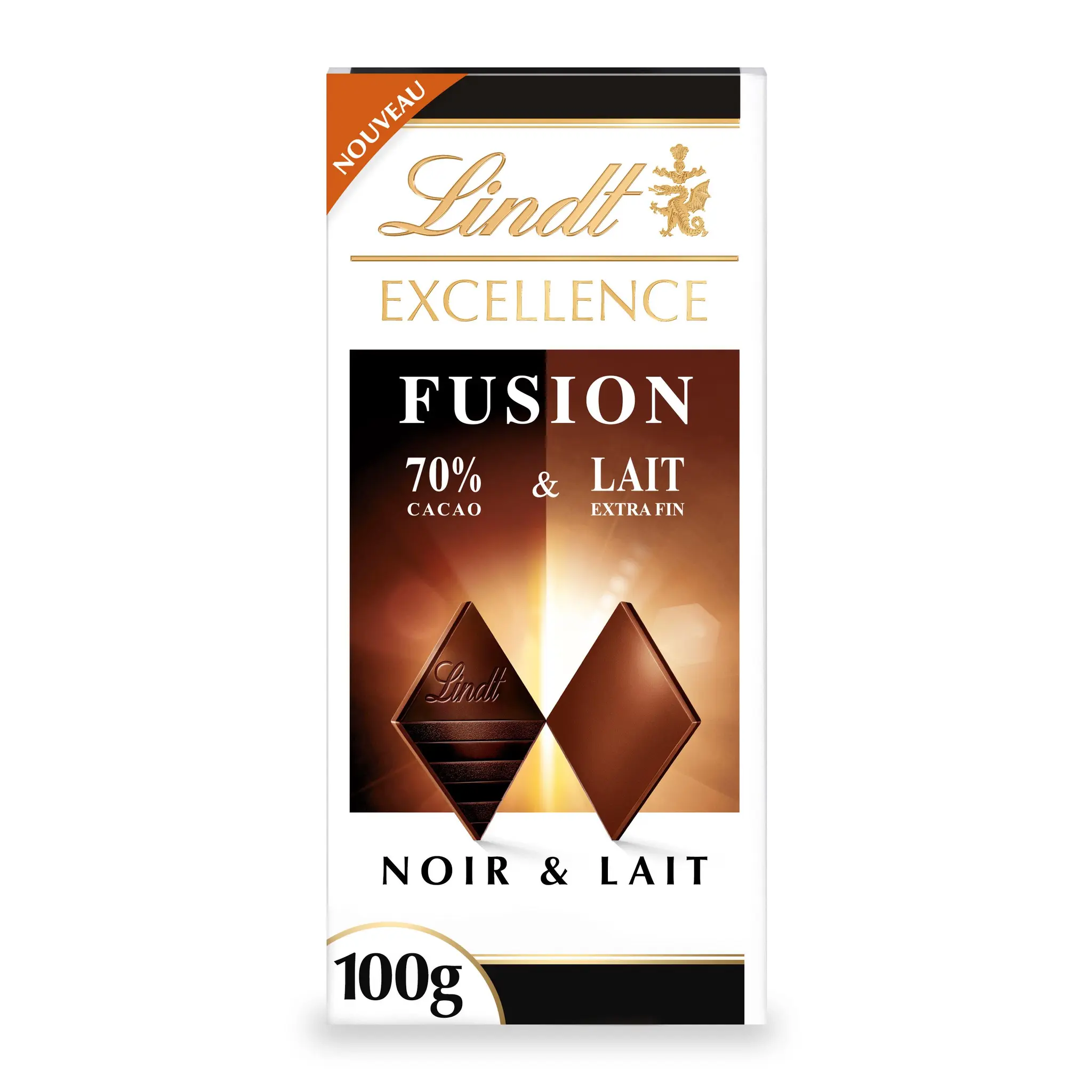 LINDT Excellence tablette de chocolat fusion noir 70% et au lait