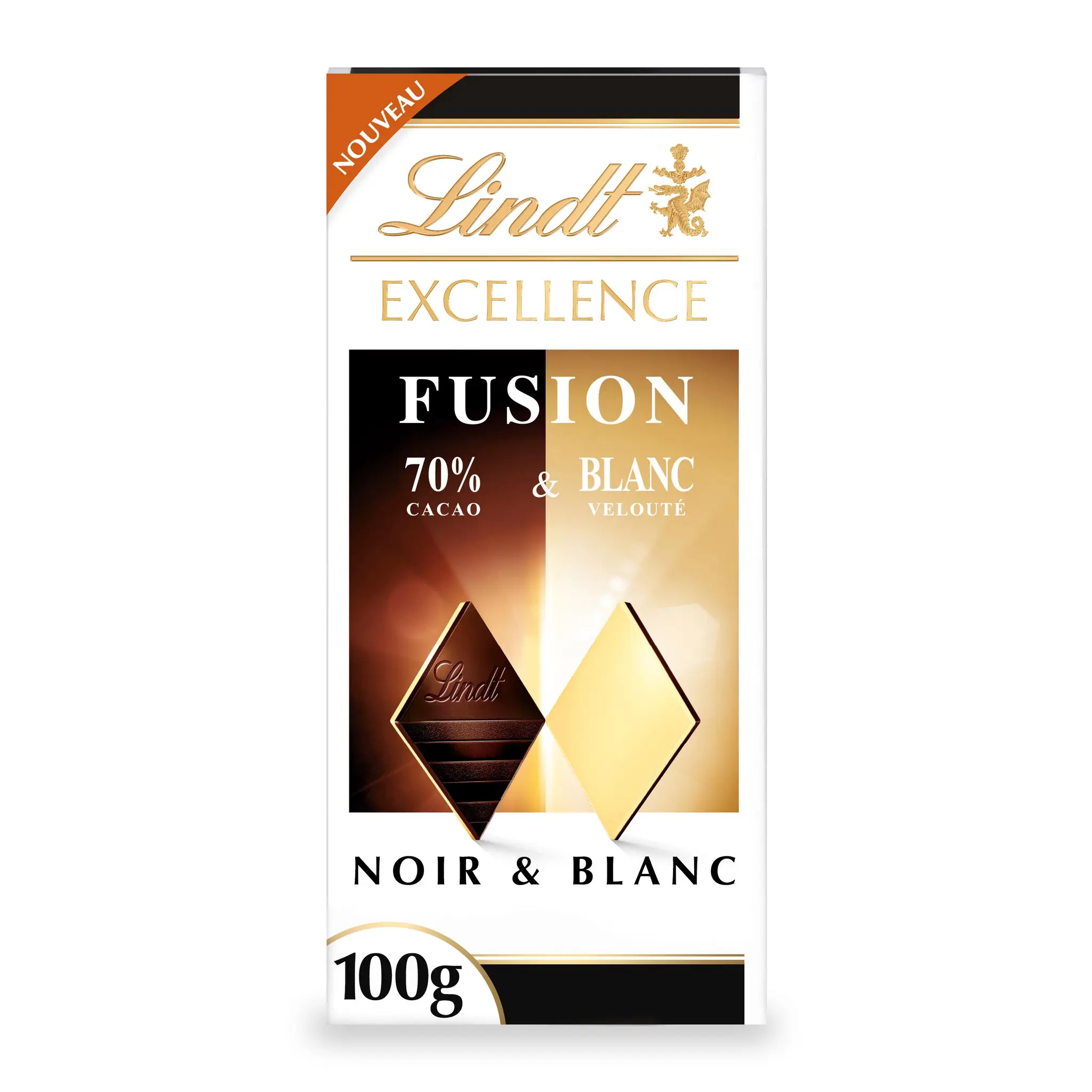 LINDT Excellence tablette de chocolat fusion noir 70% et blanc