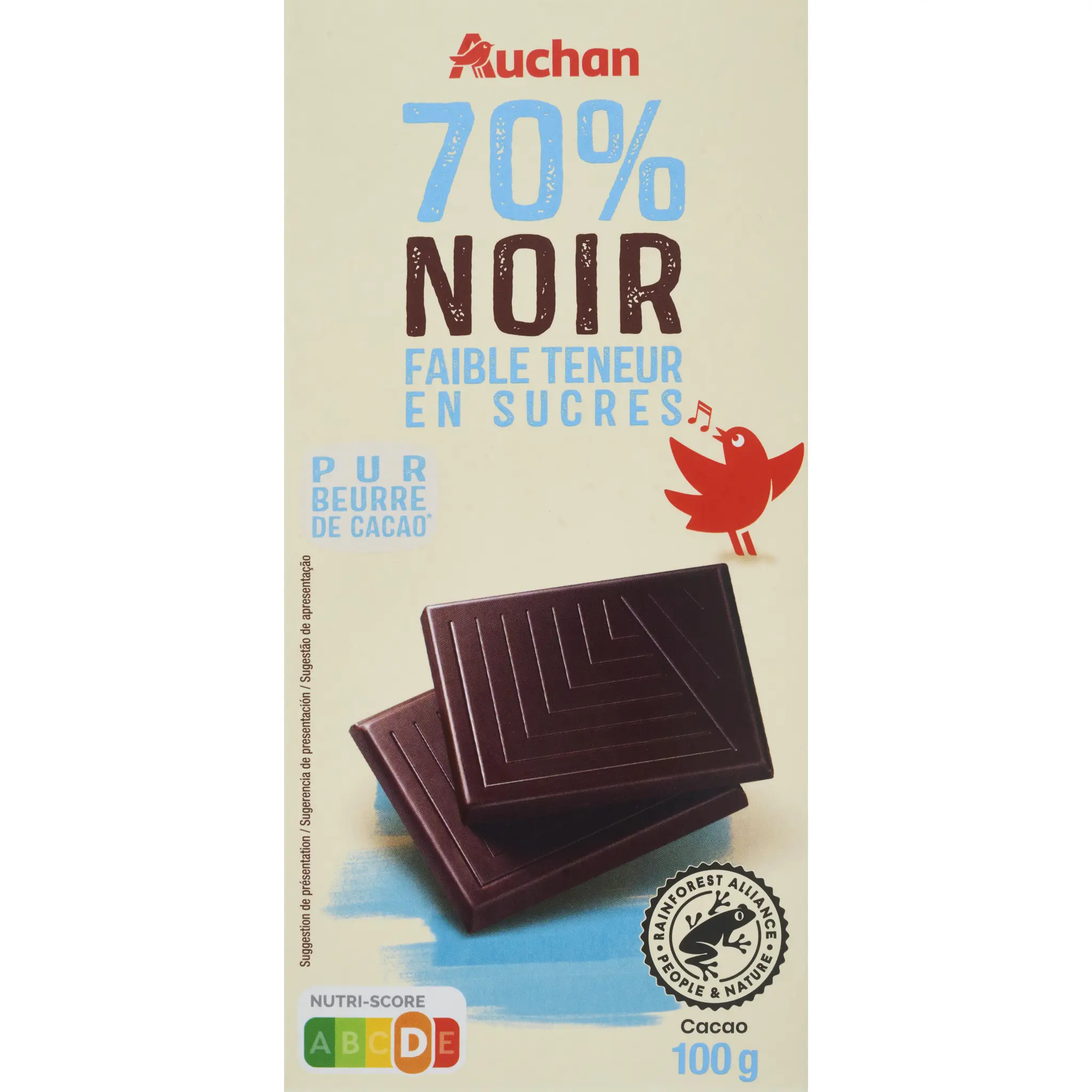 AUCHAN Tablette de chocolat noir 70% cacao faible teneur en sucres