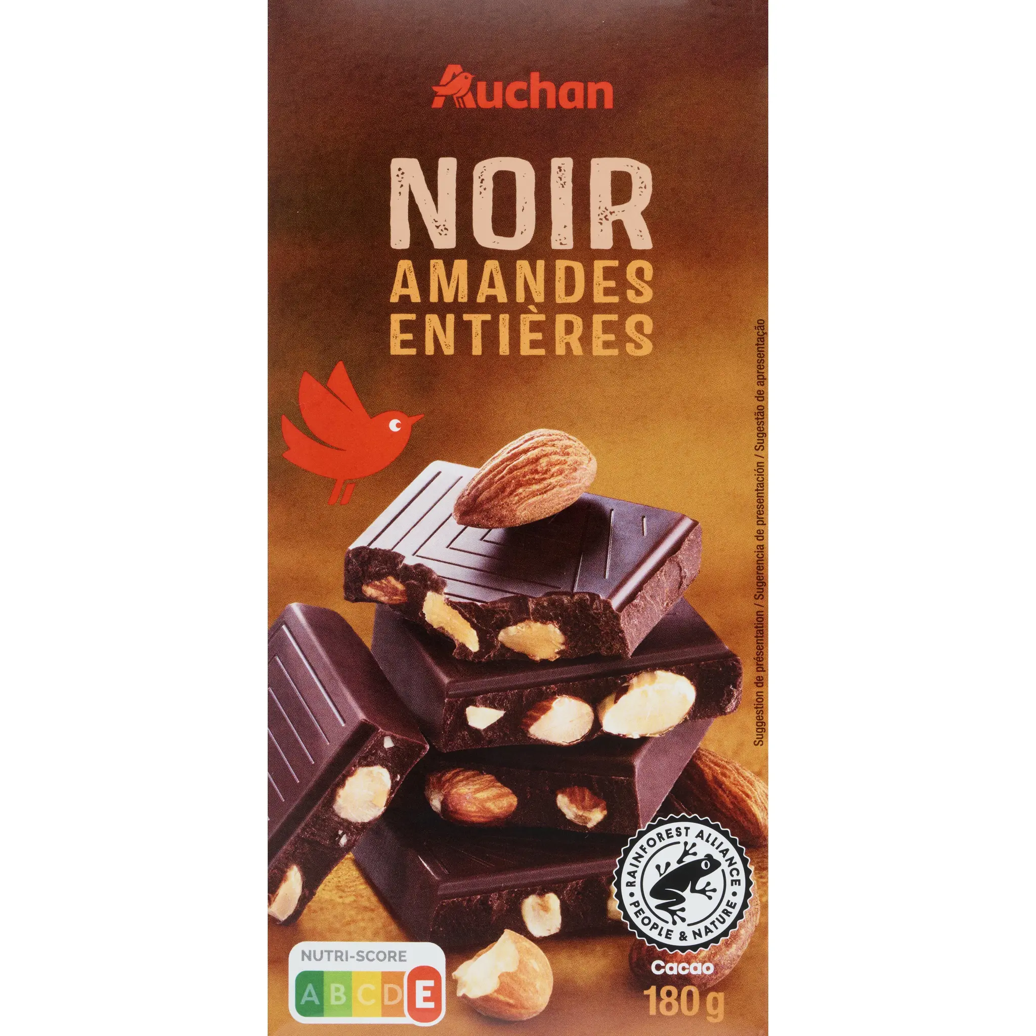 AUCHAN Tablette de chocolat noir aux amandes entières