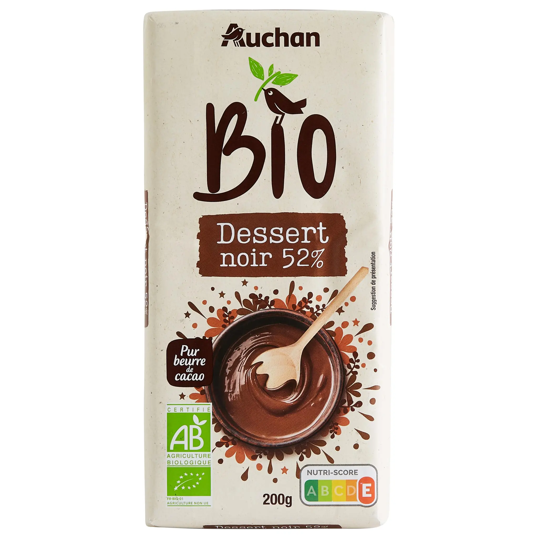 AUCHAN BIO CULTIVONS LE BON Tablette de chocolat noir pâtissier 52% cacao