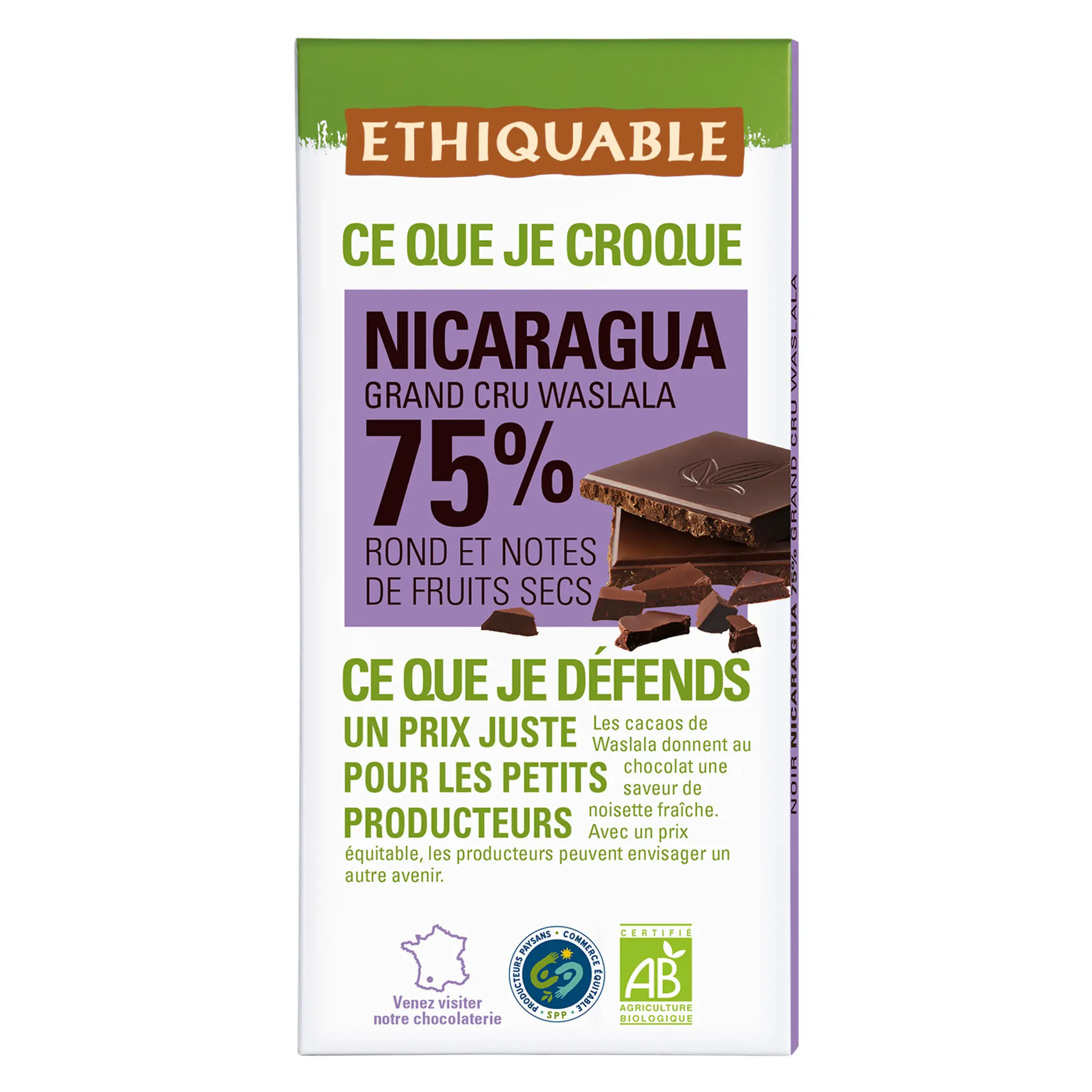 ETHIQUABLE Tablette de chocolat noir bio 75% cacao Nicaragua