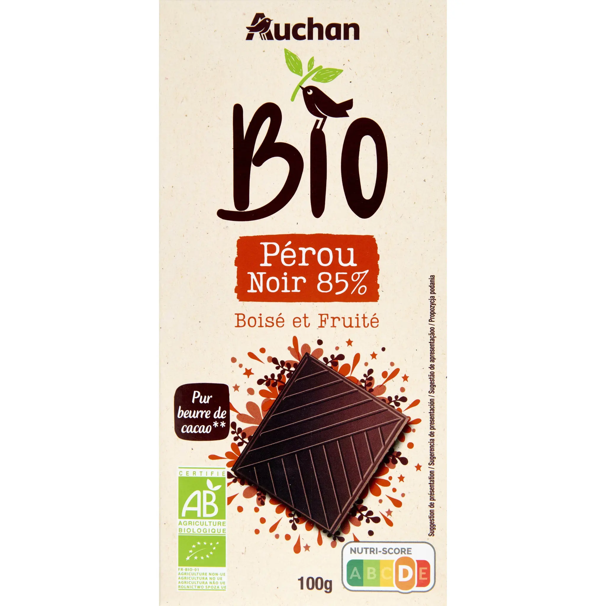 AUCHAN BIO CULTIVONS LE BON Tablette de chocolat noir 85% cacao Pérou boisé et fruité