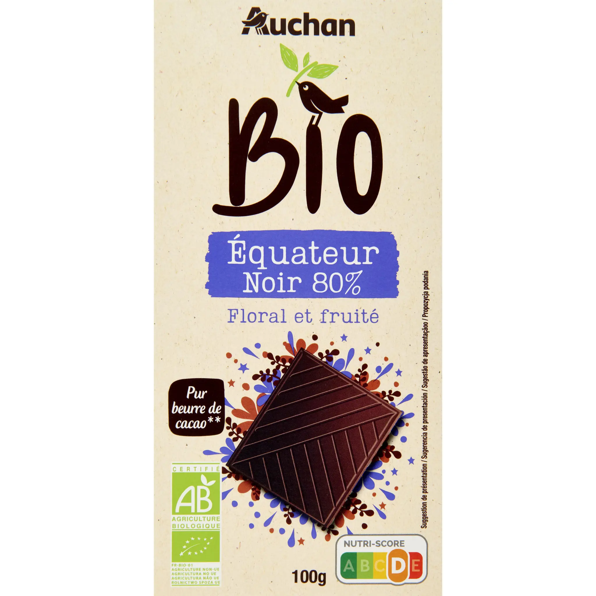 AUCHAN BIO CULTIVONS LE BON Tablette de chocolat noir 80% pur beurre de cacao d'Equateur bio