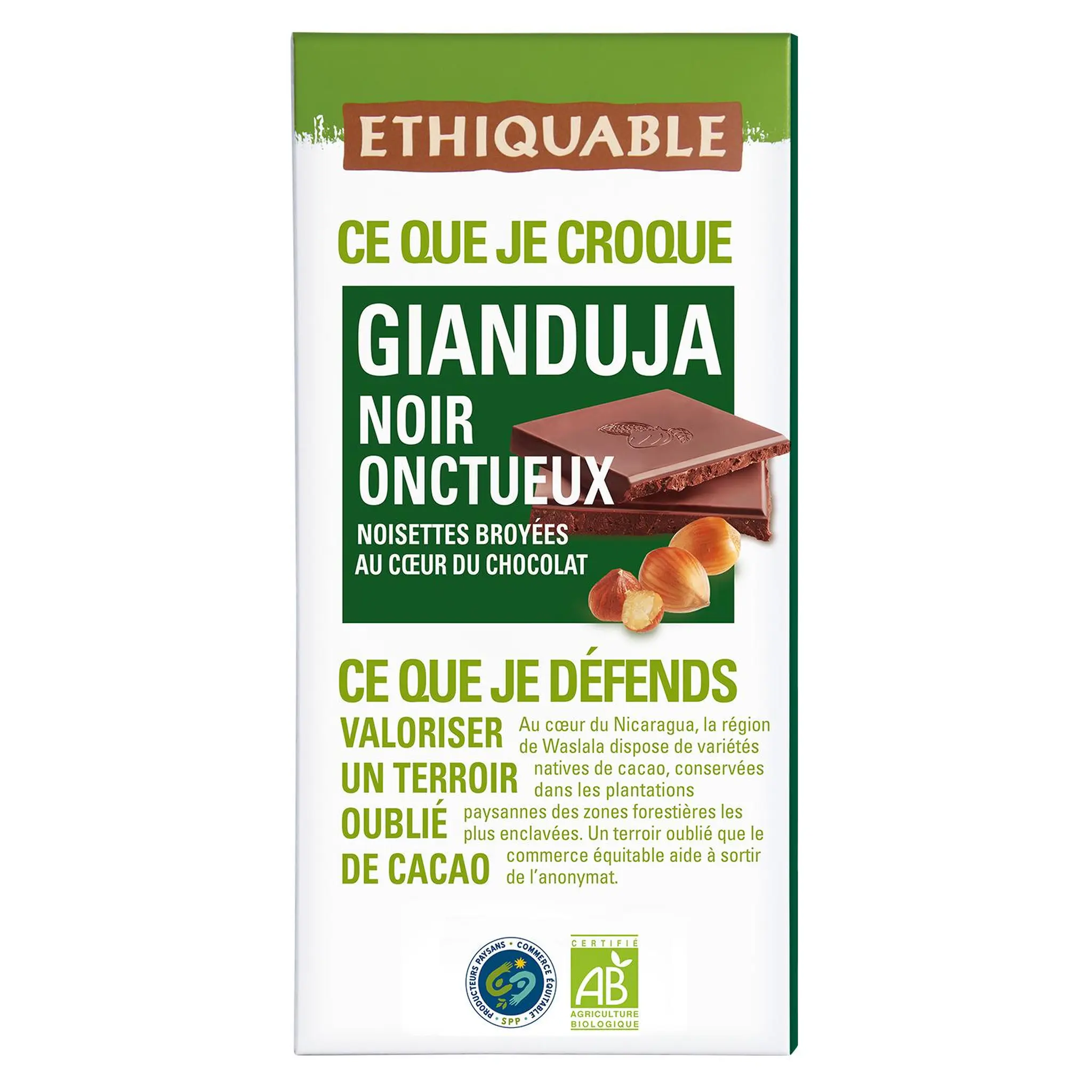 ETHIQUABLE Tablette de chocolat noir onctueux bio du Nicaragua et gianduja