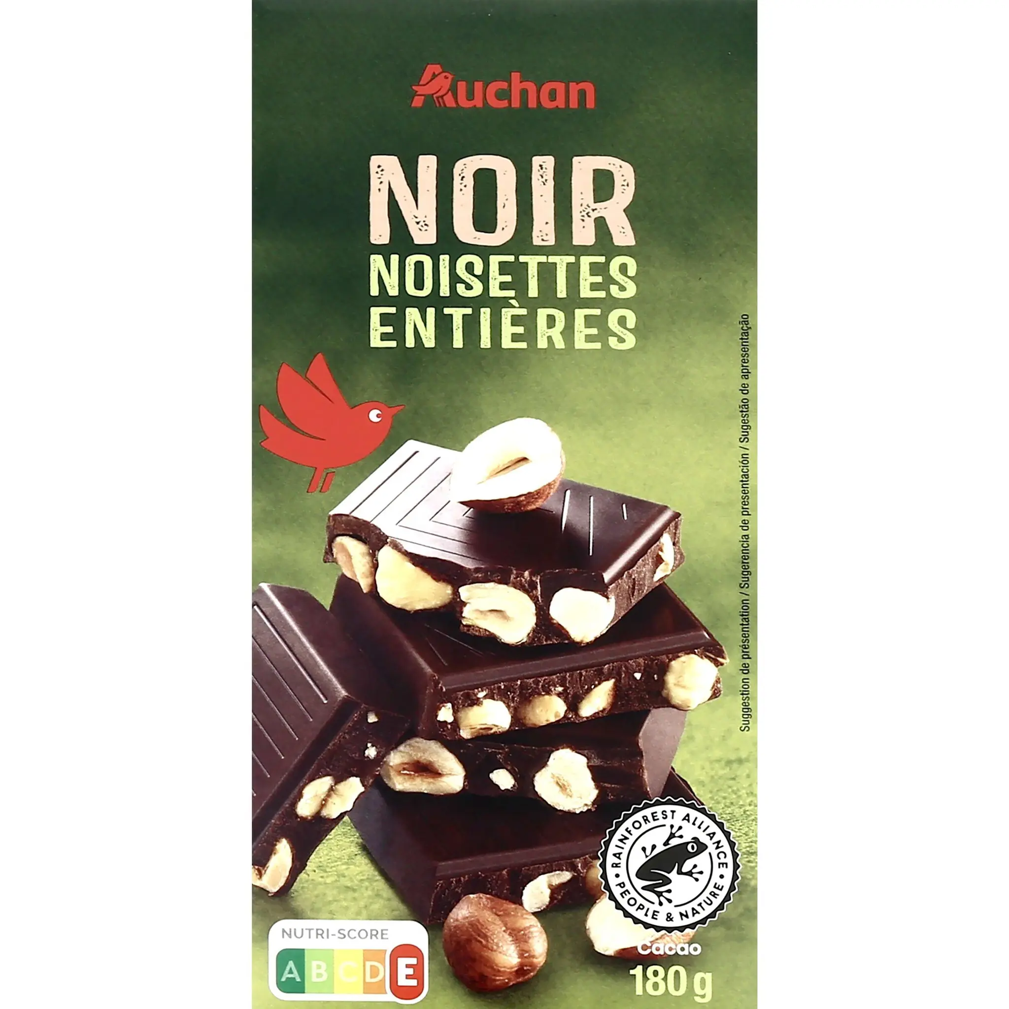 AUCHAN Tablette de chocolat noir et noisettes entières torréfiées
