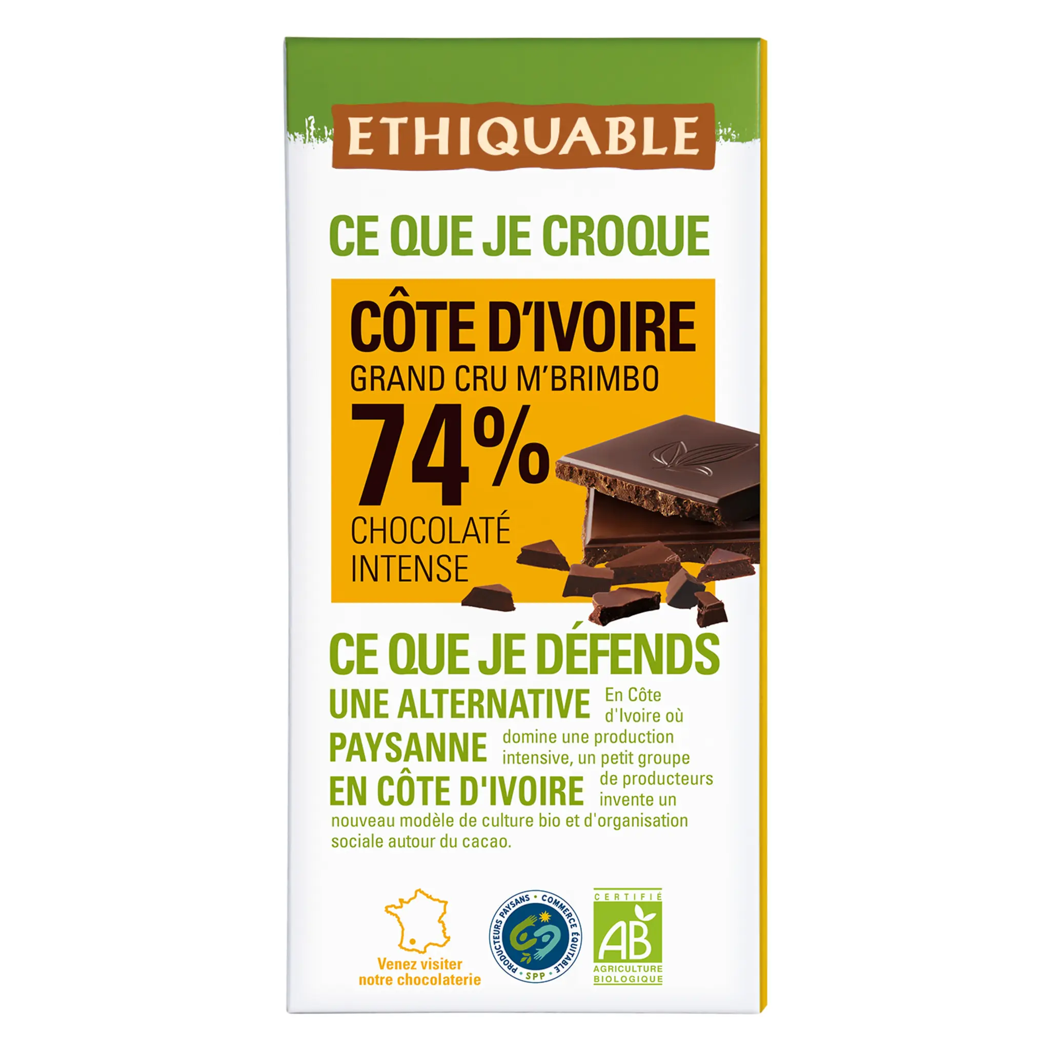 ETHIQUABLE Tablette de chocolat noir bio 74% cacao Côte d'Ivoire grand cru