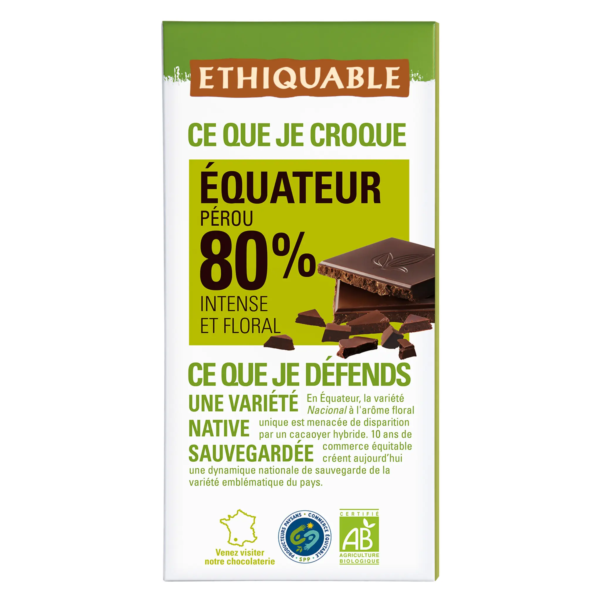 ETHIQUABLE Tablette de chocolat noir bio 80% cacao Equateur grand cru