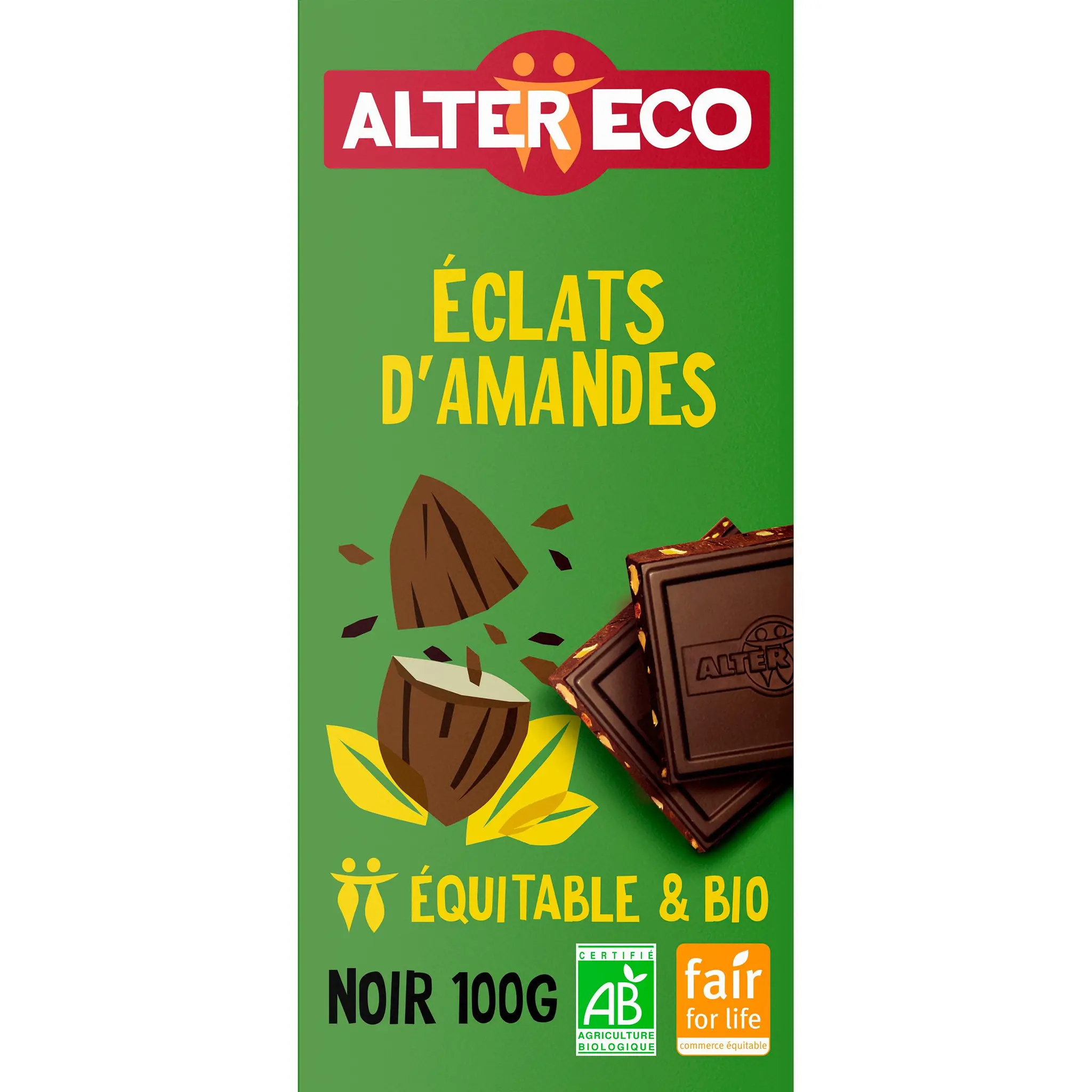ALTER ECO Tablette de chocolat noir et éclats d'amandes bio et équitable du Pérou