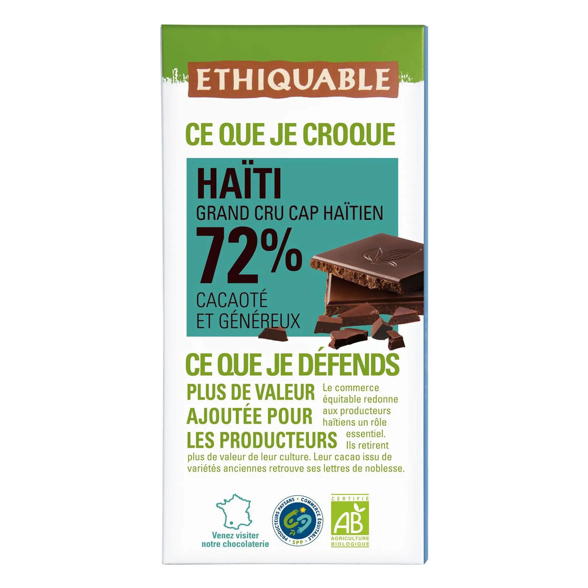 ETHIQUABLE Tablette de chocolat noir bio 72% cacao Haïti grand cru