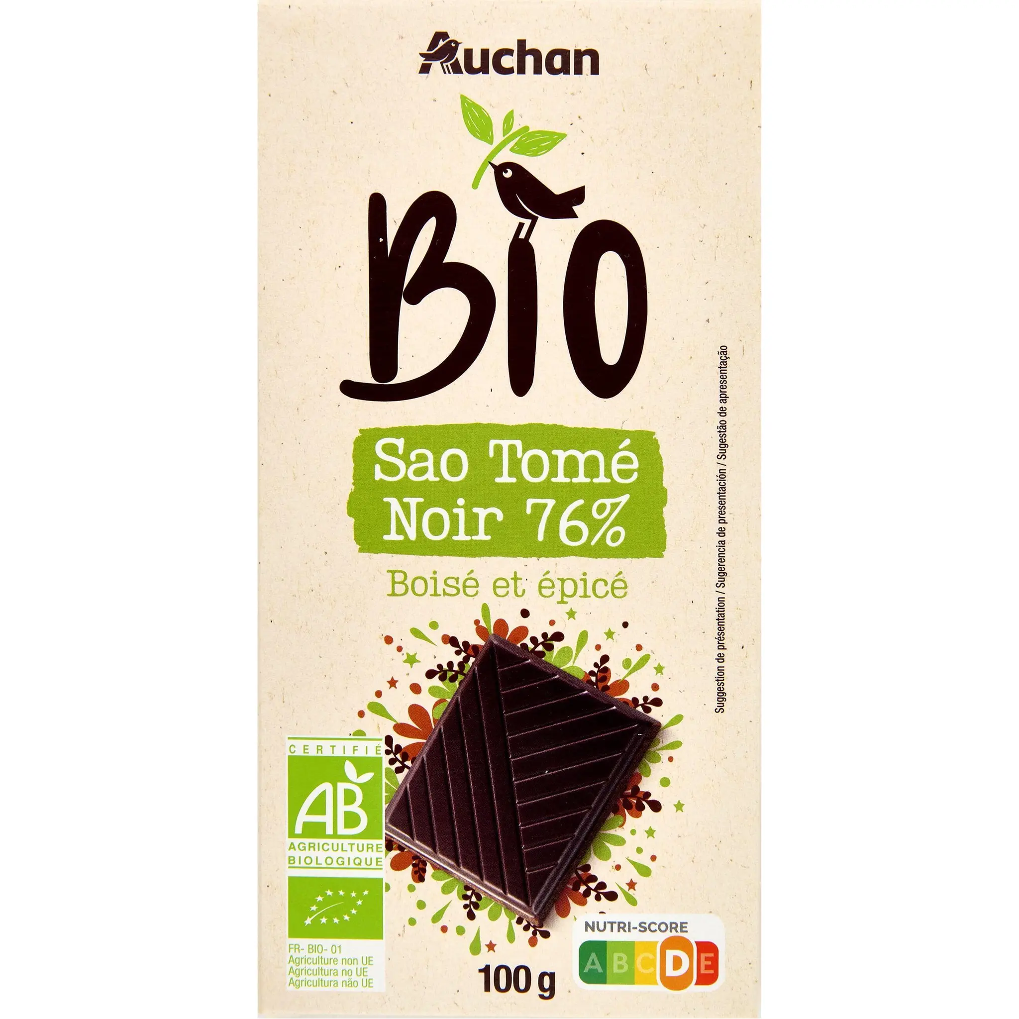 AUCHAN BIO CULTIVONS LE BON Tablette de chocolat noir 76% Sao Tome boisé et épicé