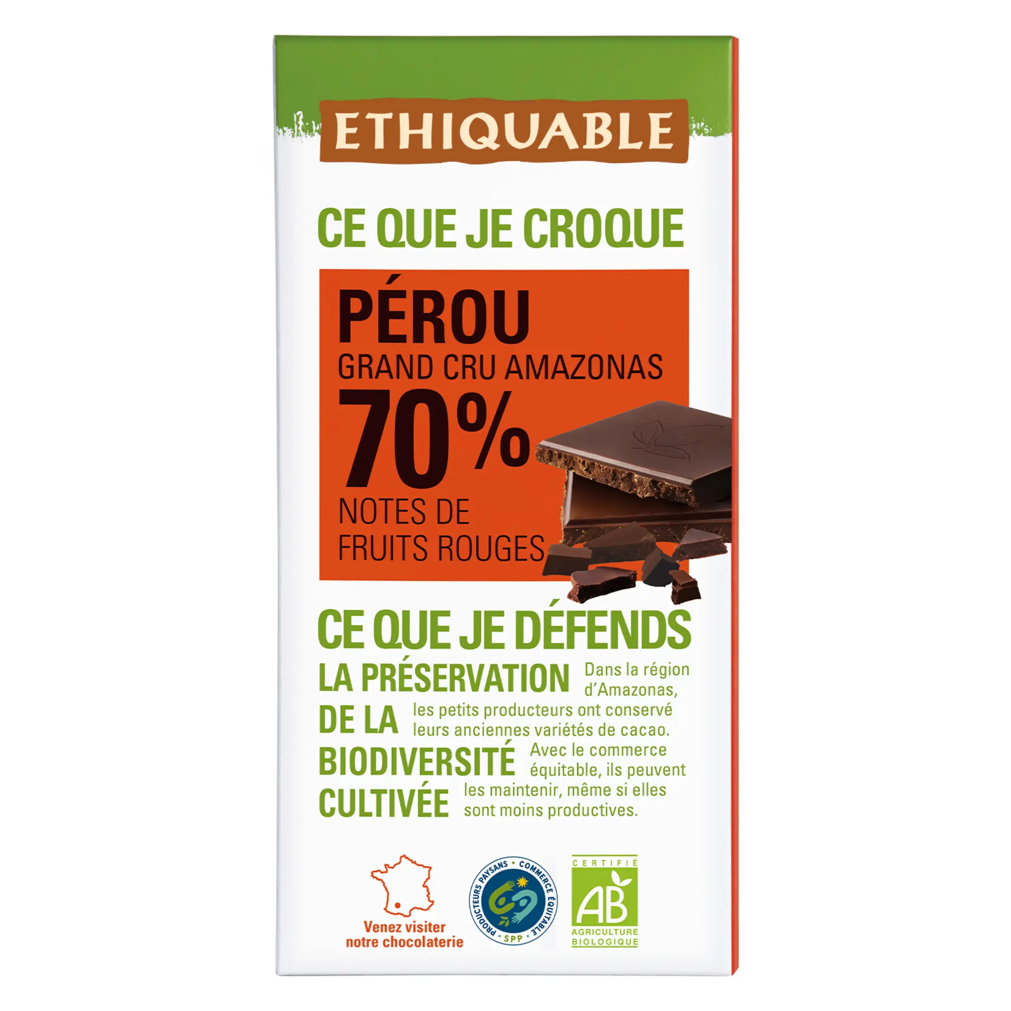 ETHIQUABLE Tablette de chocolat noir bio 70% cacao Pérou grand cru