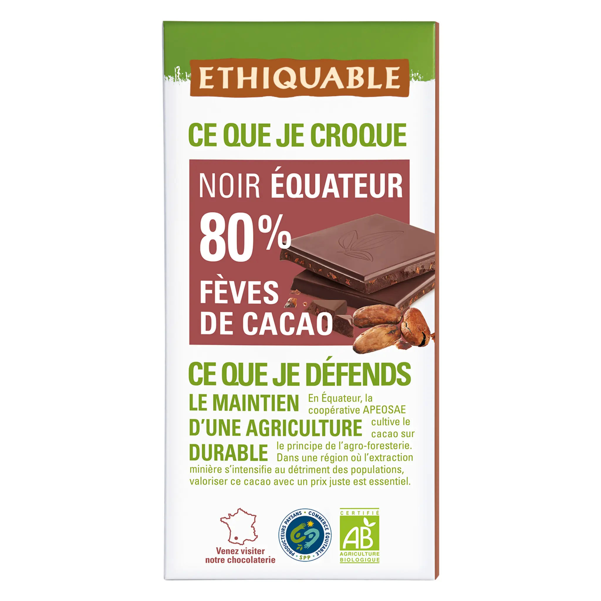 ETHIQUABLE Tablette de chocolat noir bio 80% fèves de cacao Equateur Côte d'Ivoire