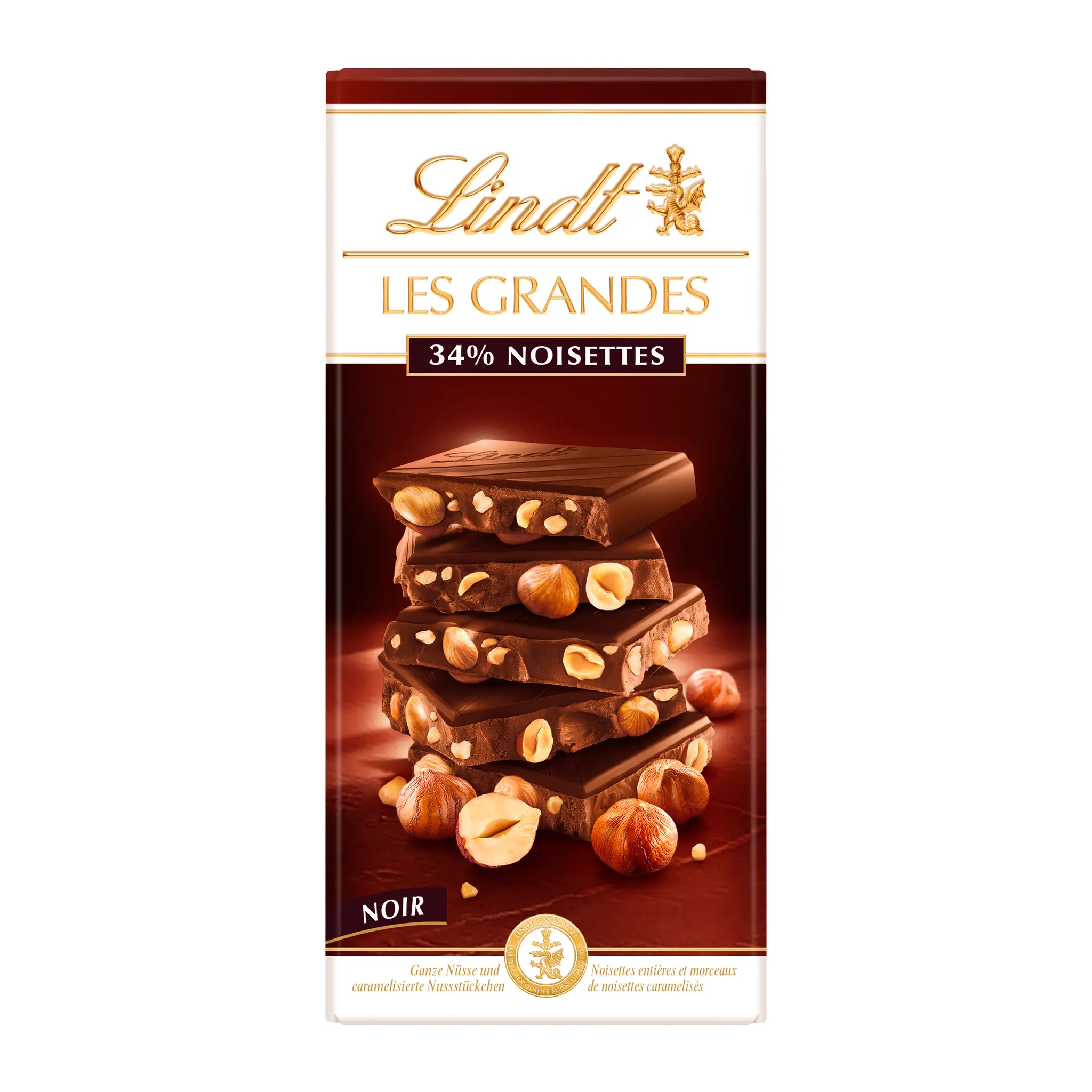 LINDT Les Grandes Tablette de chocolat noir 34% noisettes