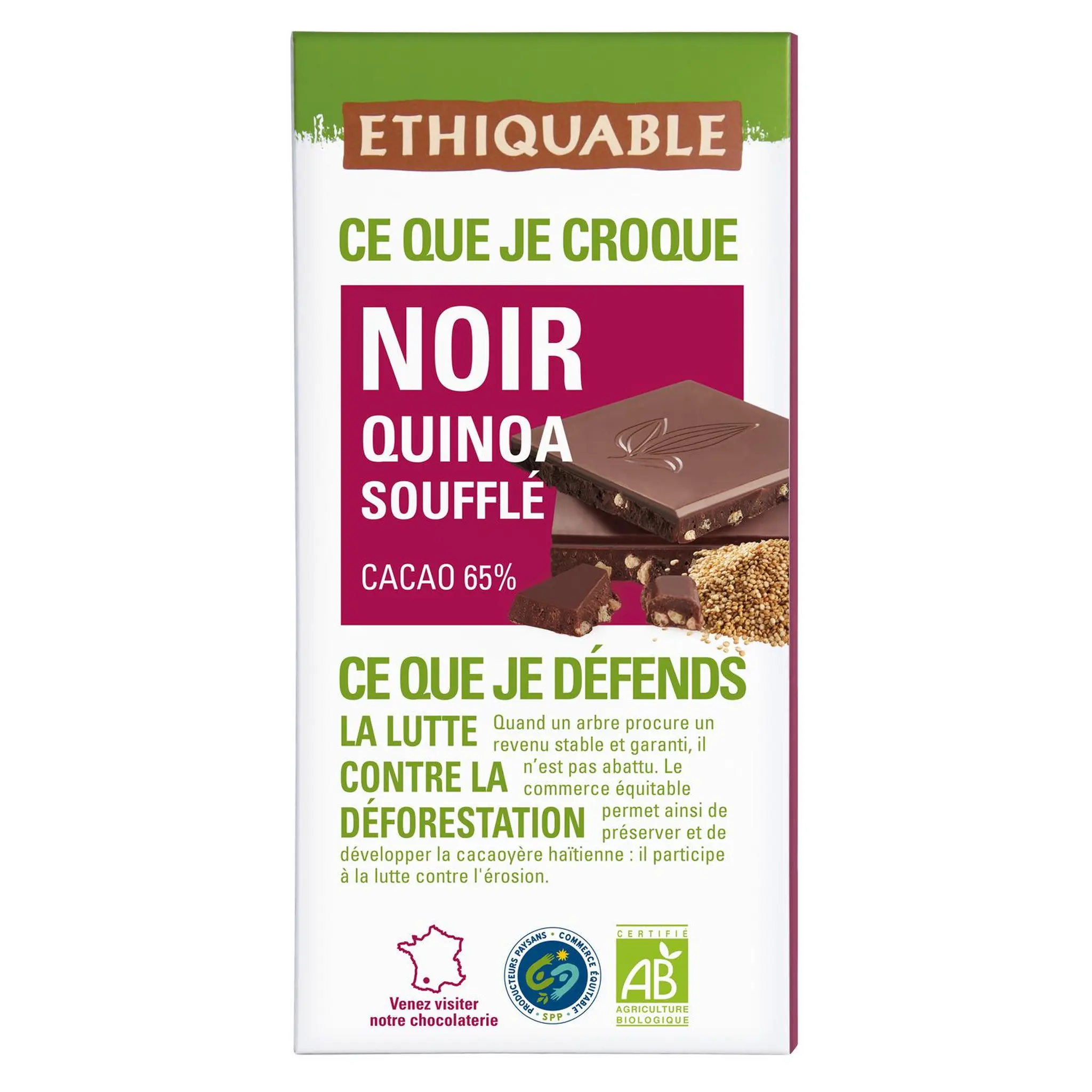 ETHIQUABLE Tablette de chocolat noir bio 65% cacao au quinoa Equateur Côte d'Ivoire