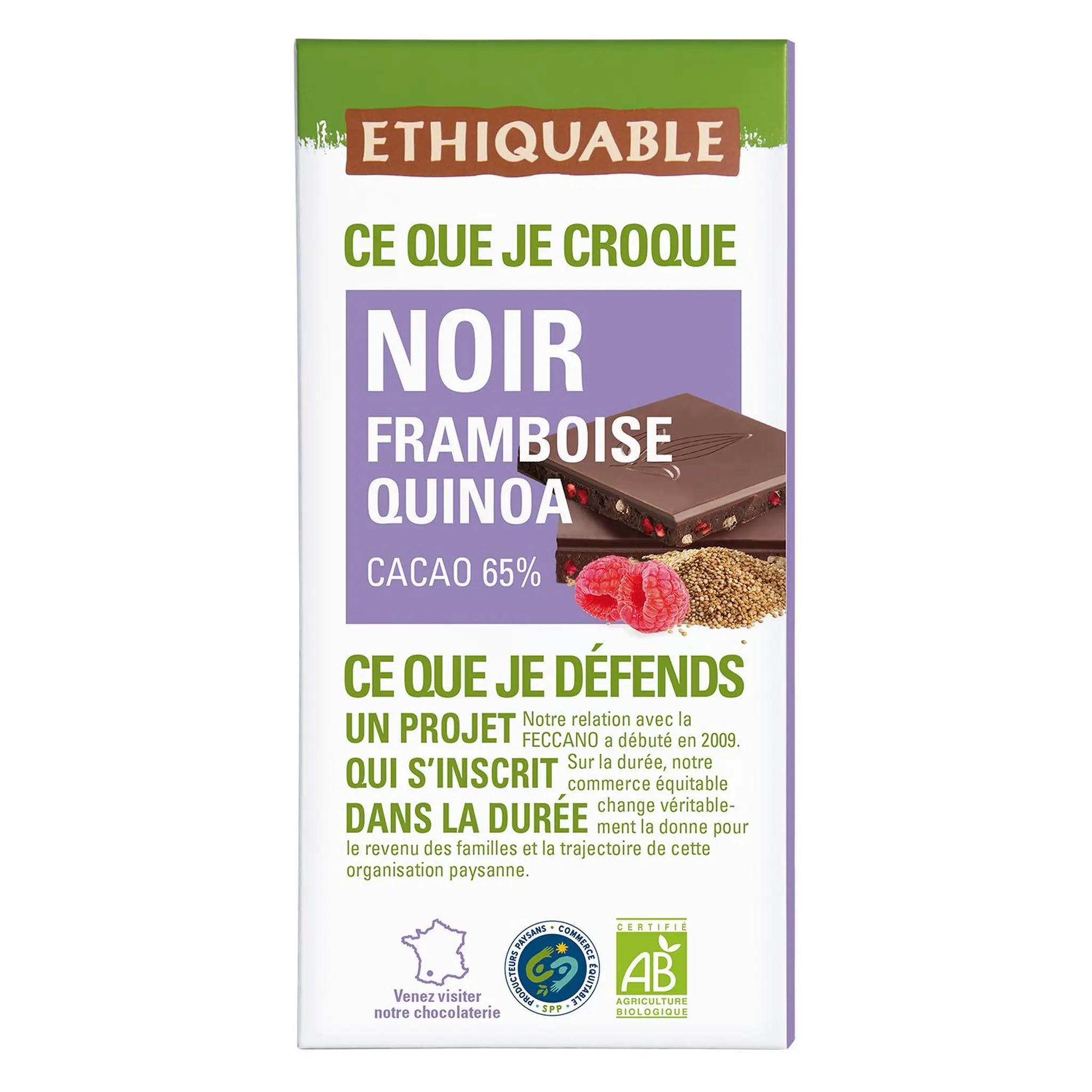 ETHIQUABLE Tablette de chocolat noir framboise quinoa bio