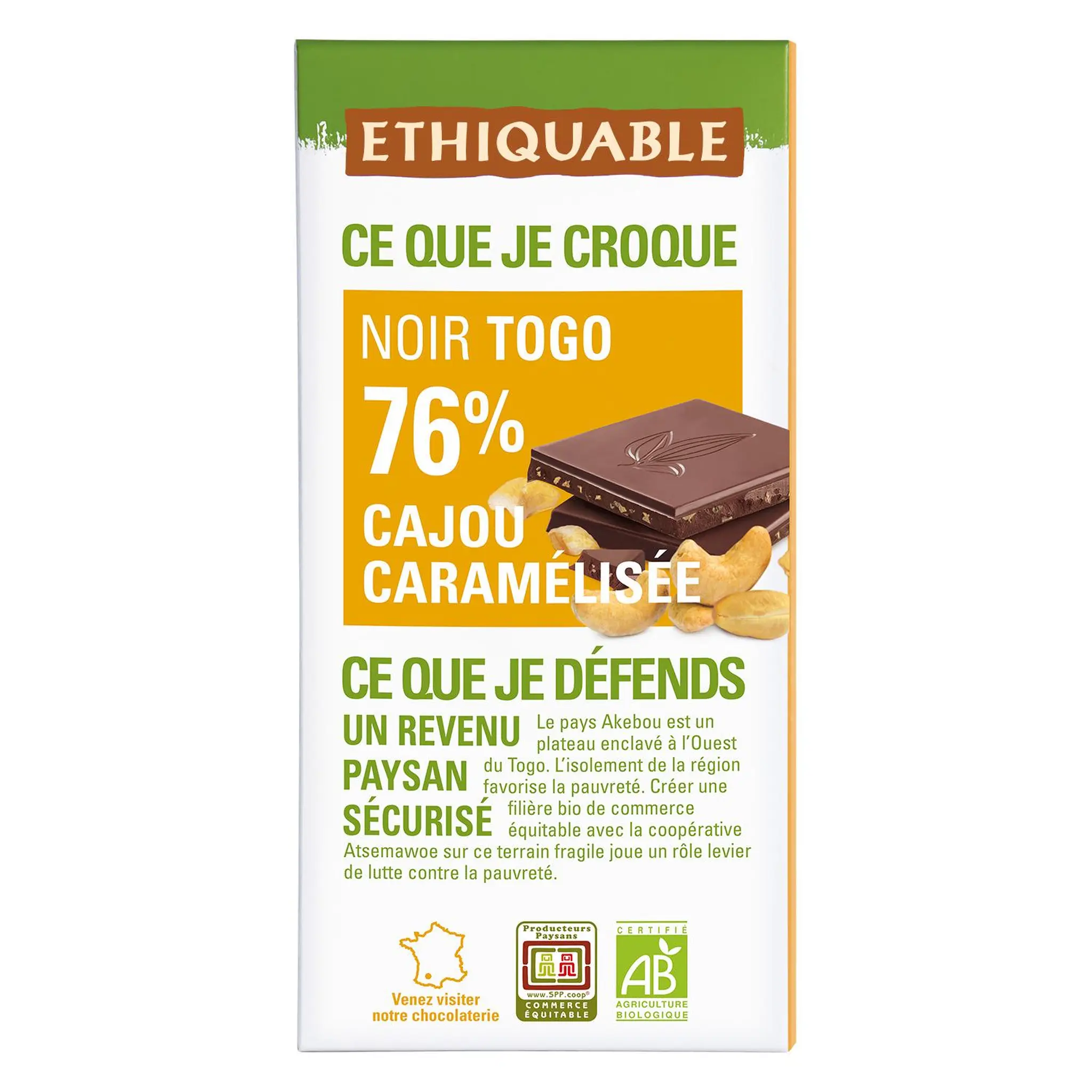 ETHIQUABLE Tablette de chocolat noir 76% cajou bio