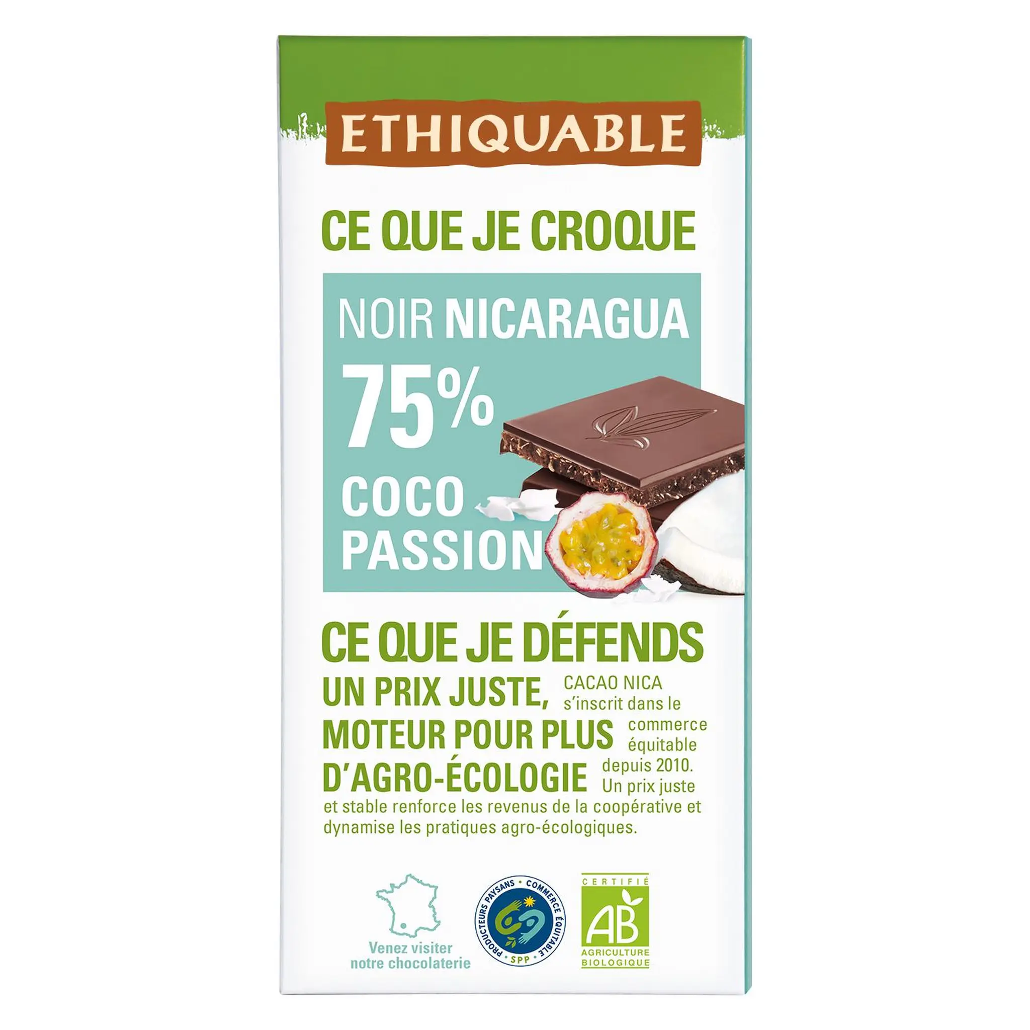 ETHIQUABLE Tablette de chocolat noir 75% coco passion bio