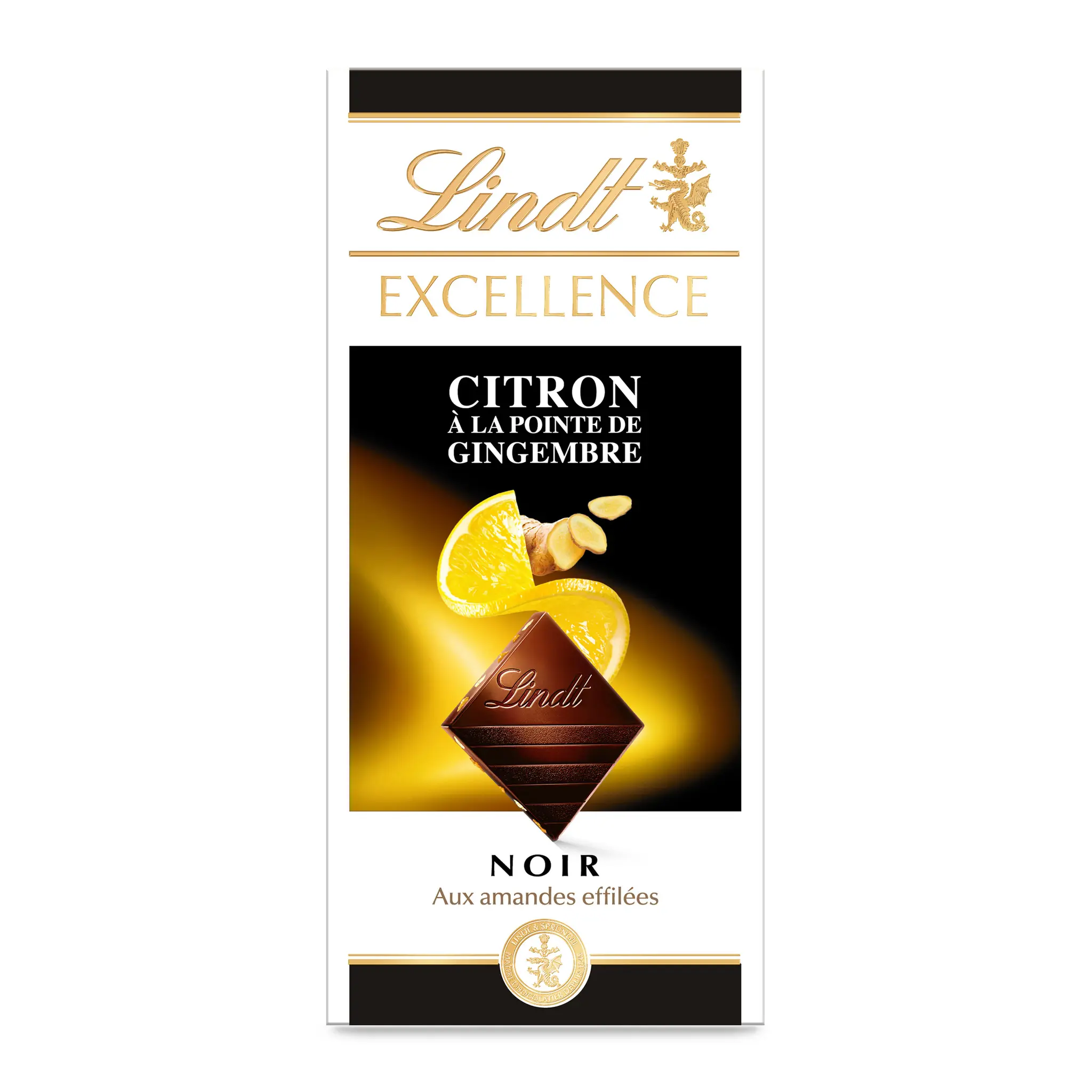 LINDT Excellence Tablette de chocolat noir dégustation citron gingembre amandes effilées