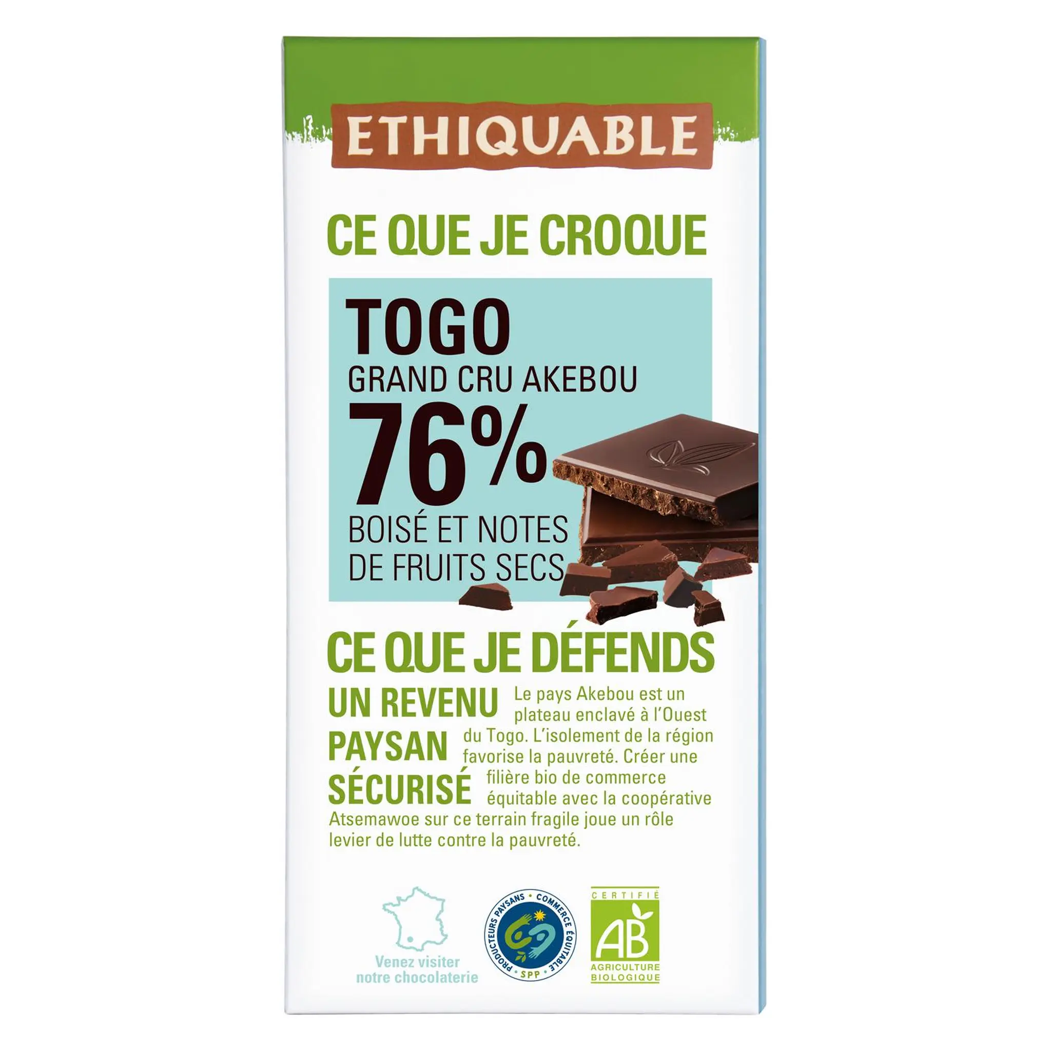 ETHIQUABLE Tablette de chocolat noir bio Togo grand cru Akebou 76% cacao boisé et notes de fruits secs