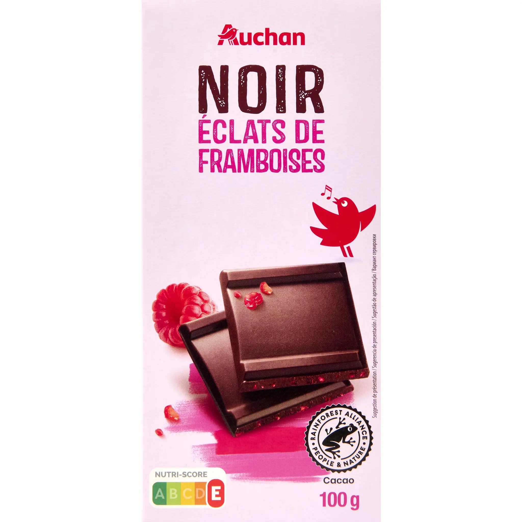 AUCHAN Tablette de chocolat noir et éclats de framboises