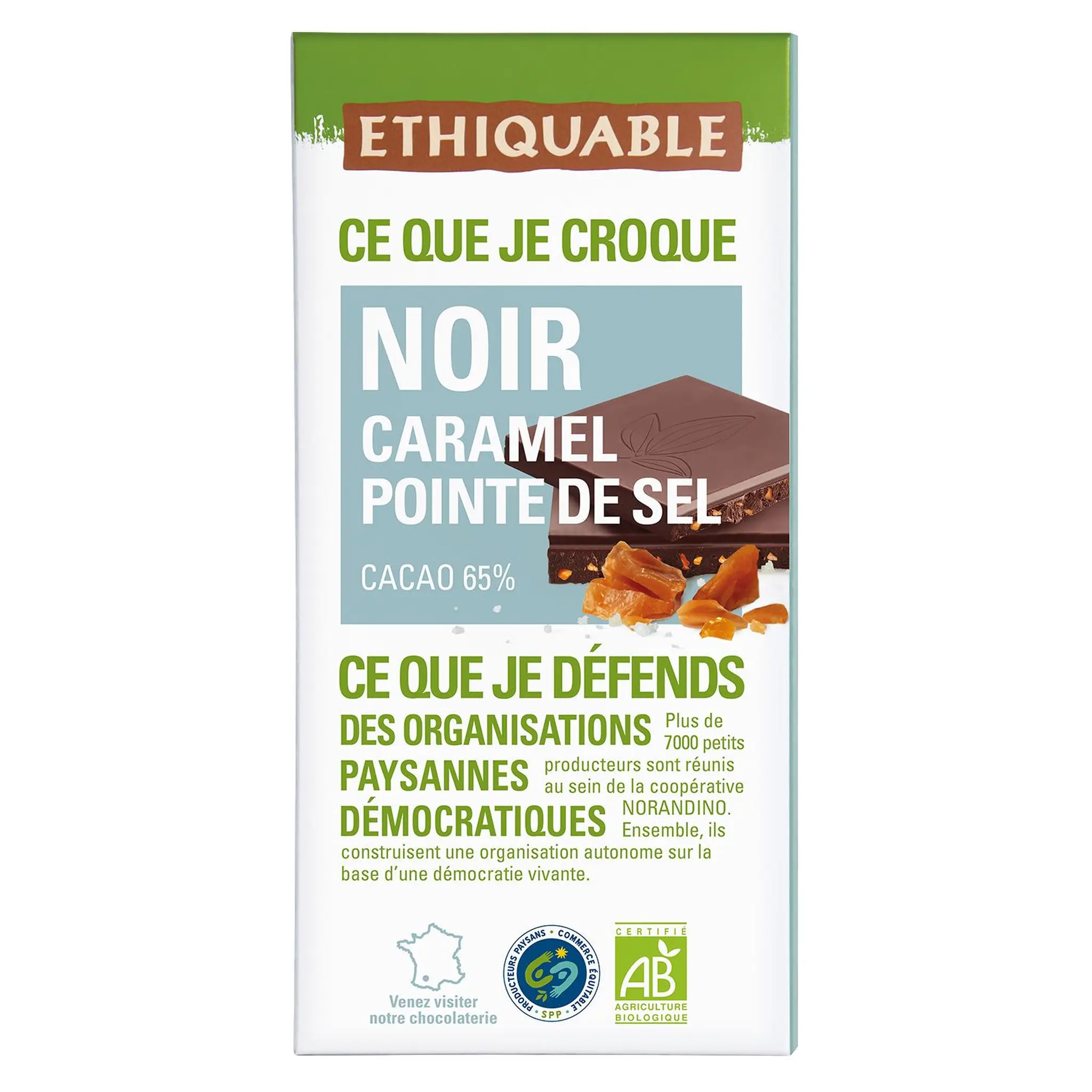 ETHIQUABLE Tablette de chocolat noir bio 65% cacao et caramel à la pointe de sel