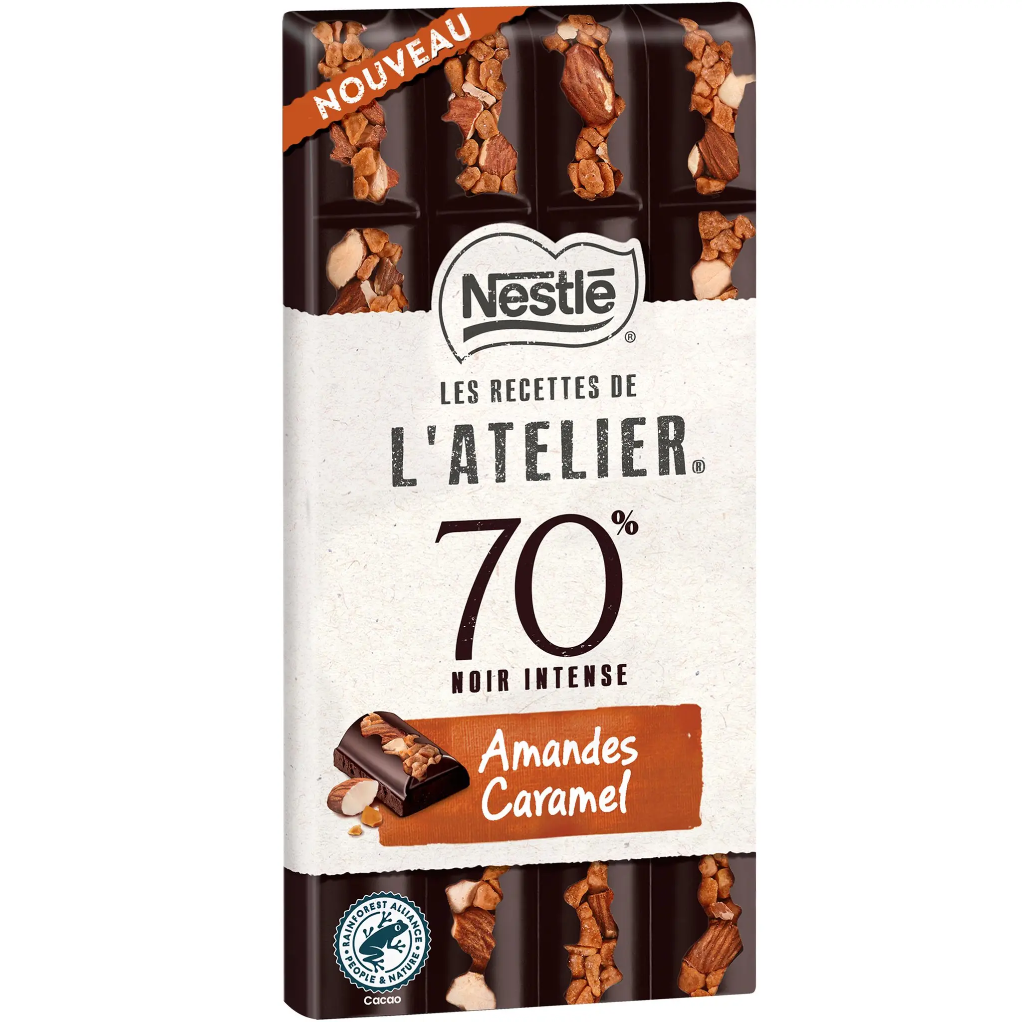 NESTLE Les Recettes de l'Atelier Tablette de chocolat noir 70% aux amandes et caramel