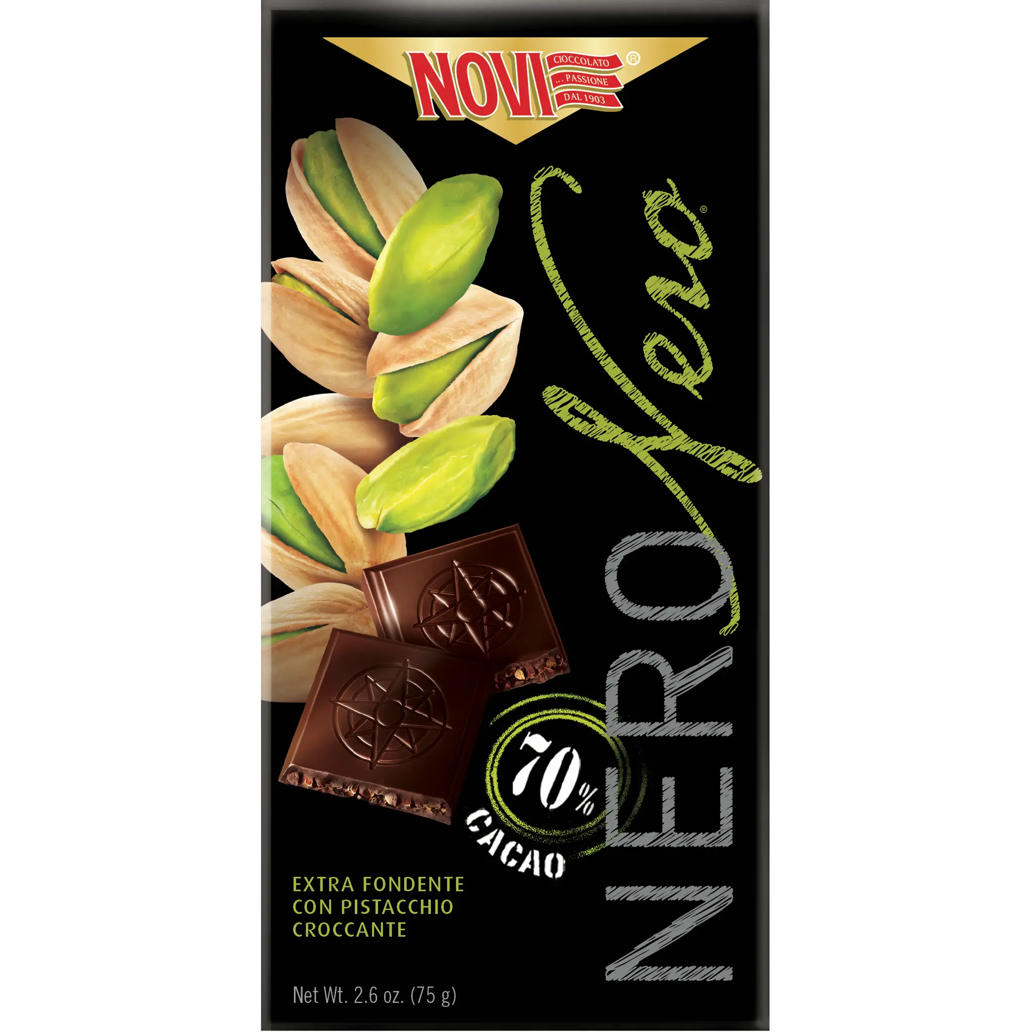 NOVI Tablette de chocolat noir avec grains de pistache 70% cacao