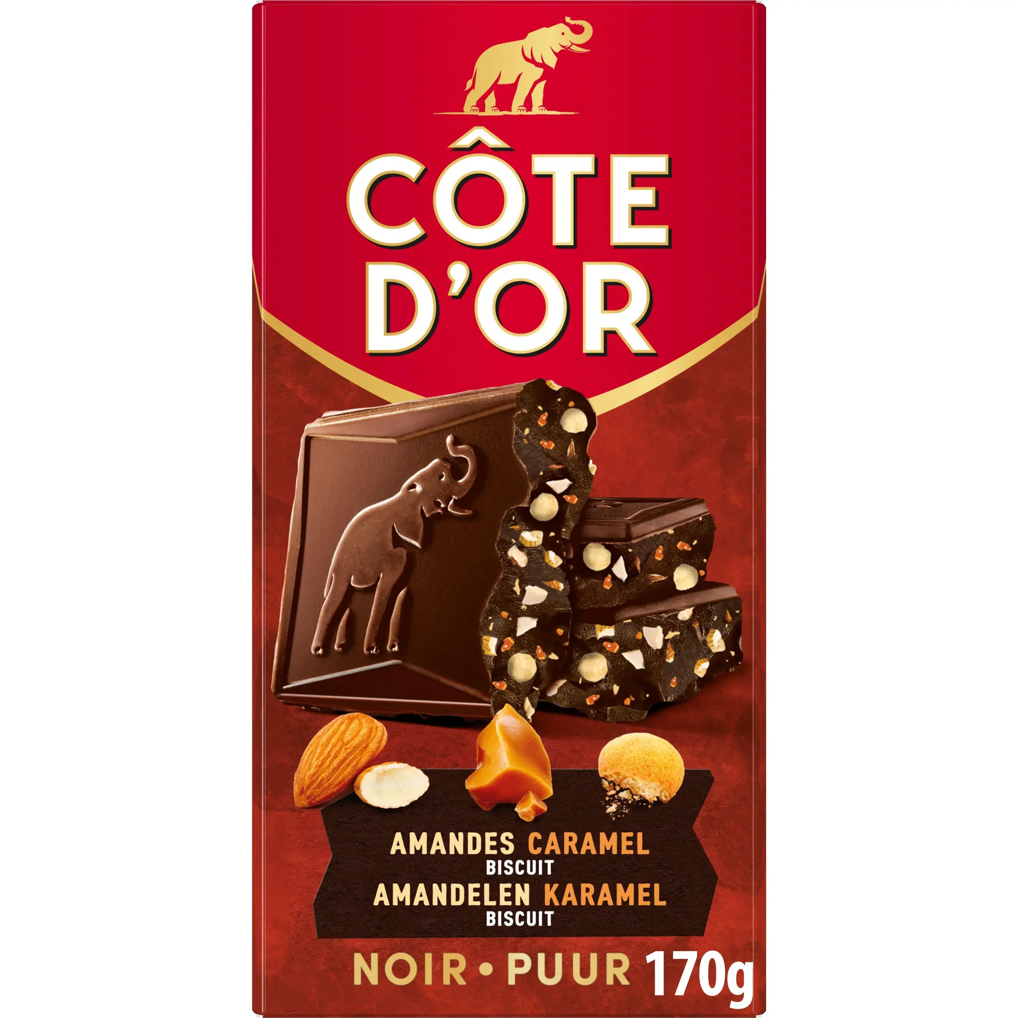 COTE D'OR Tablette de chocolat noir aux morceaux d'amandes caramel et biscuit