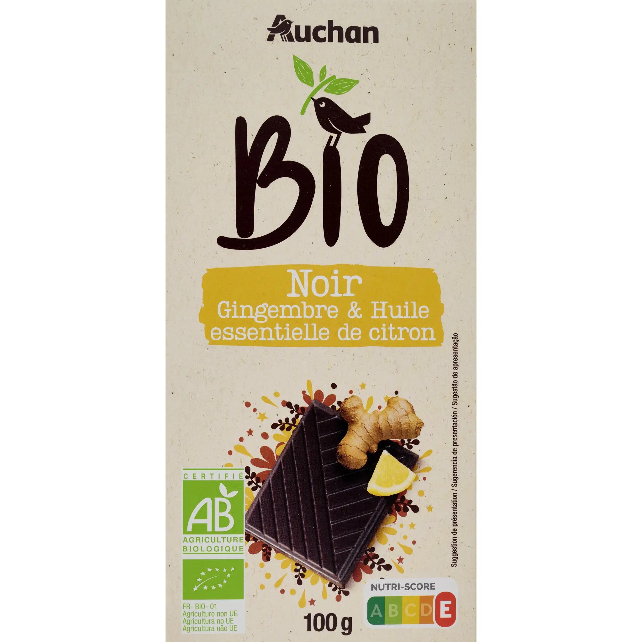 AUCHAN BIO CULTIVONS LE BON Tablette de chocolat noir citron gingembre