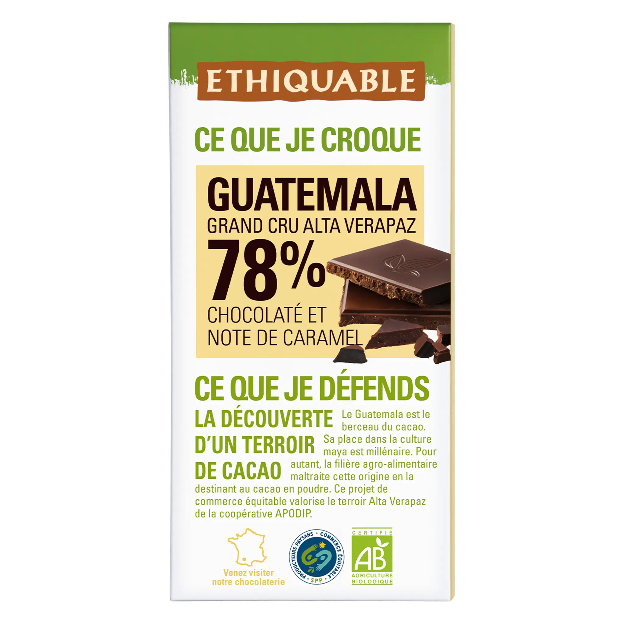 ETHIQUABLE Tablette de chocolat noir bio 78% cacao Guatemala grand cru Alta Verapaz