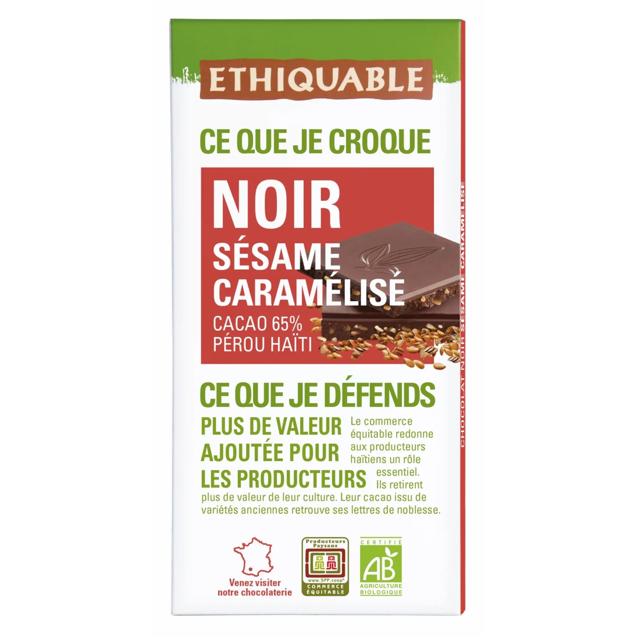 ETHIQUABLE Tablette de chocolat noir bio sésame caramélisé 65% cacao