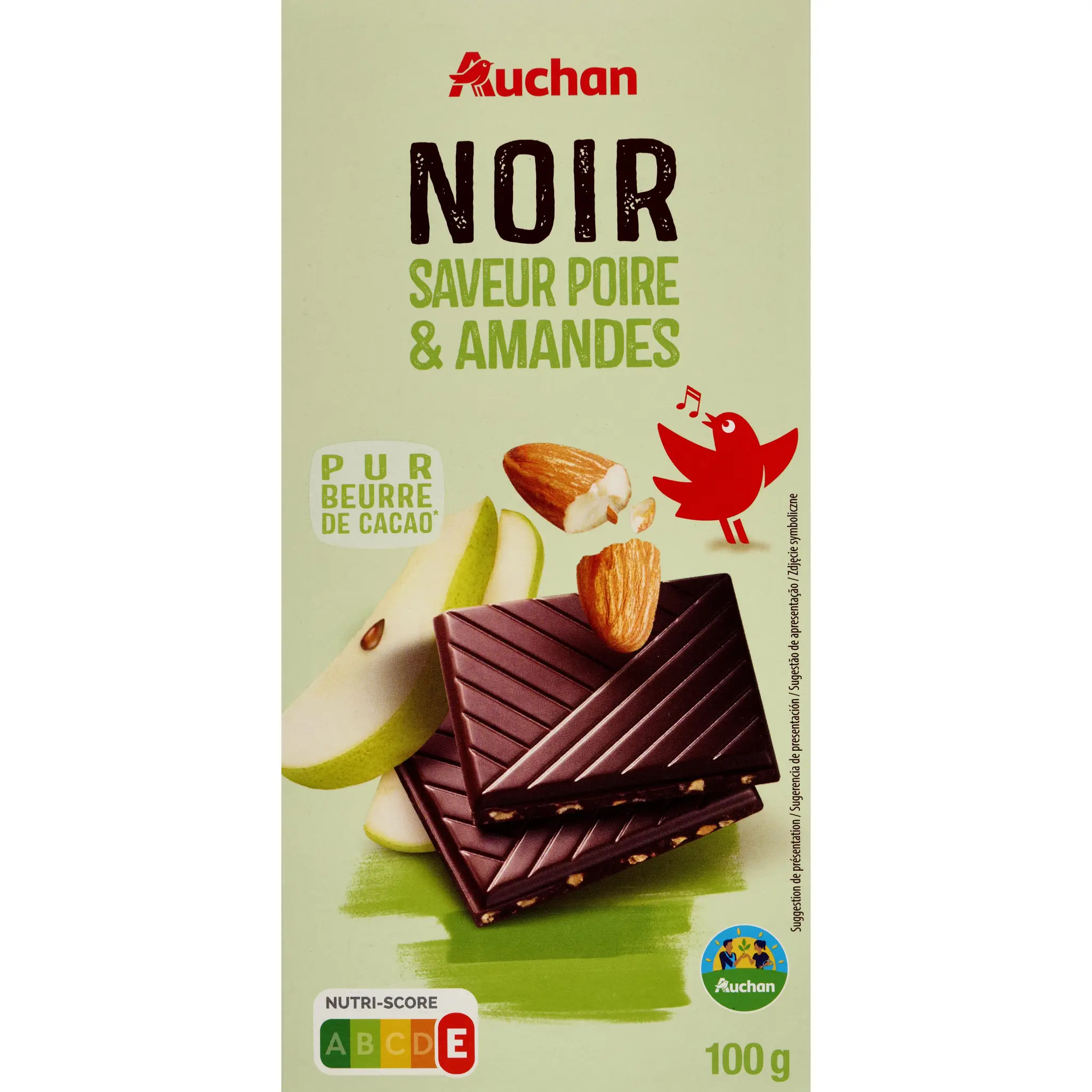 AUCHAN CULTIVONS LE BON Tablette de chocolat noir saveur poire et amandes