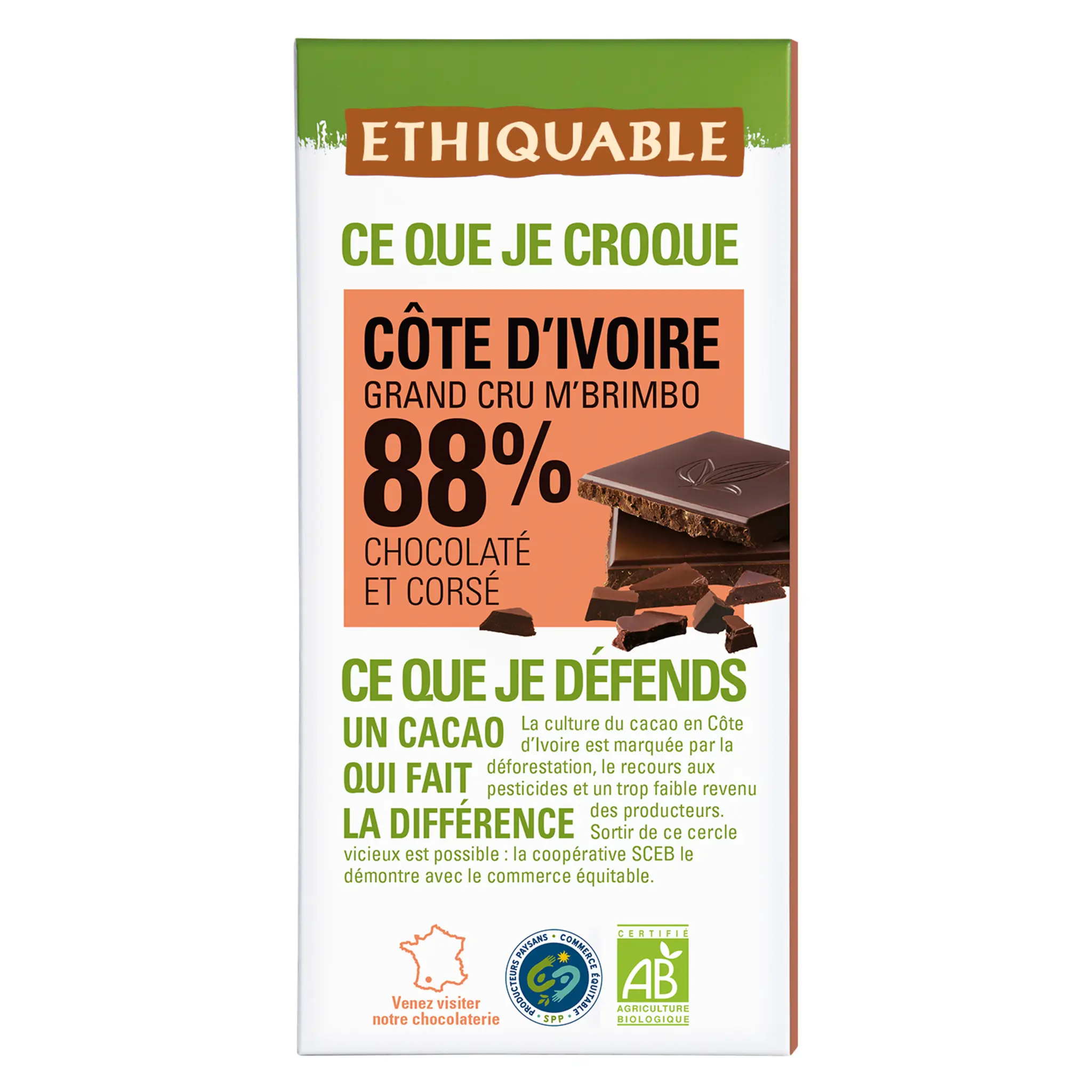 ETHIQUABLE Tablette de chocolat noir bio 88% cacao Bolivie grand cru