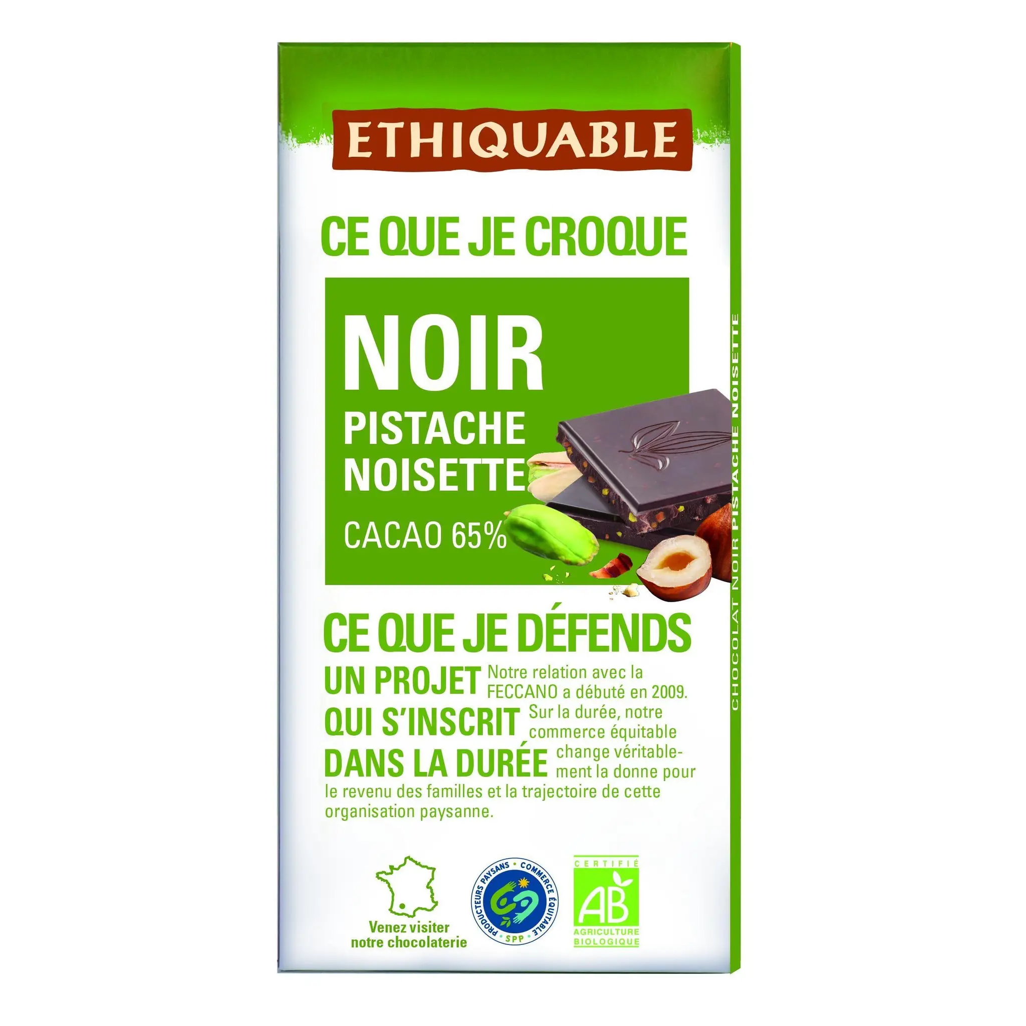 ETHIQUABLE Tablette de chocolat noir 65% cacao et pistache noisette bio