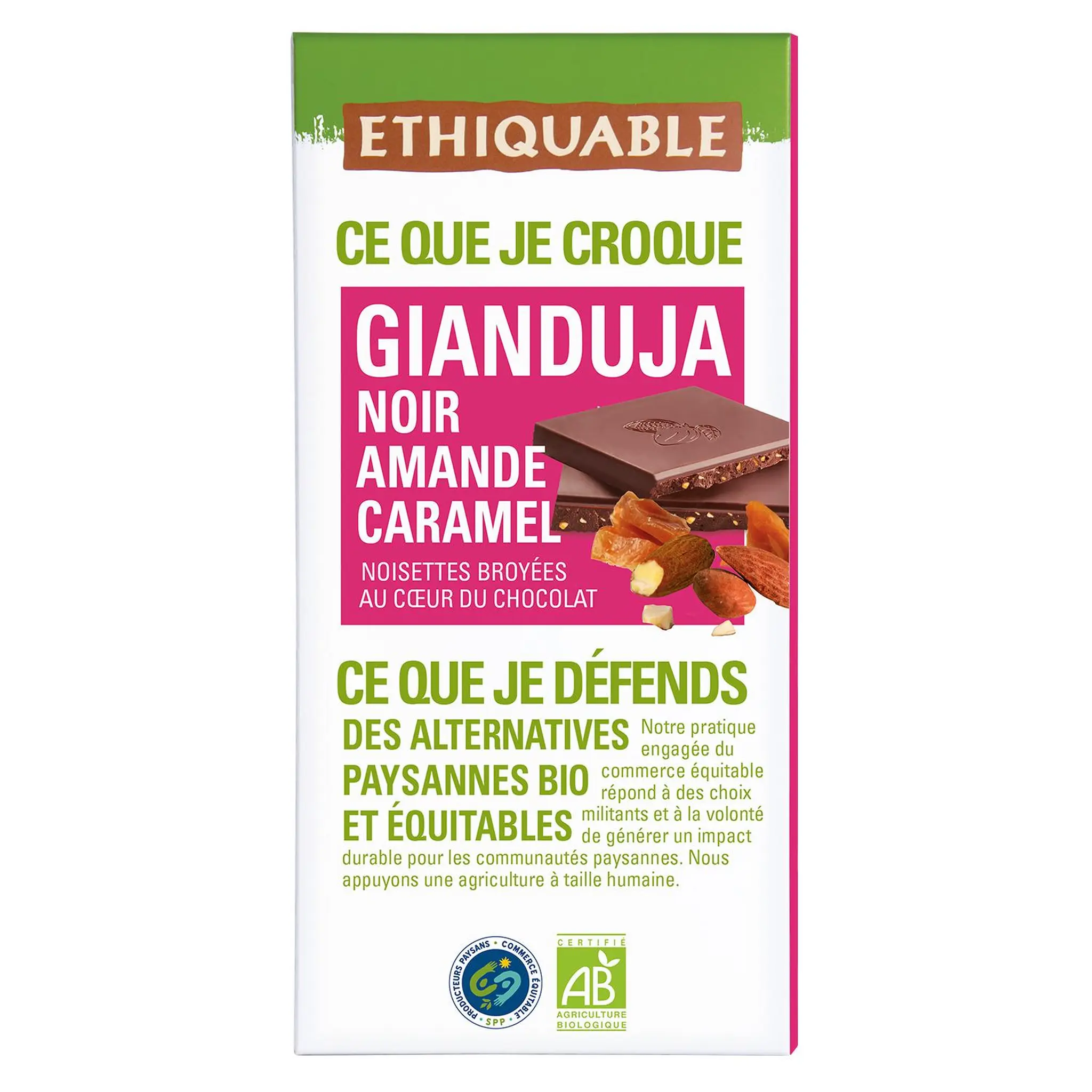 ETHIQUABLE Tablette de chocolat noir gianduja amande caramel bio