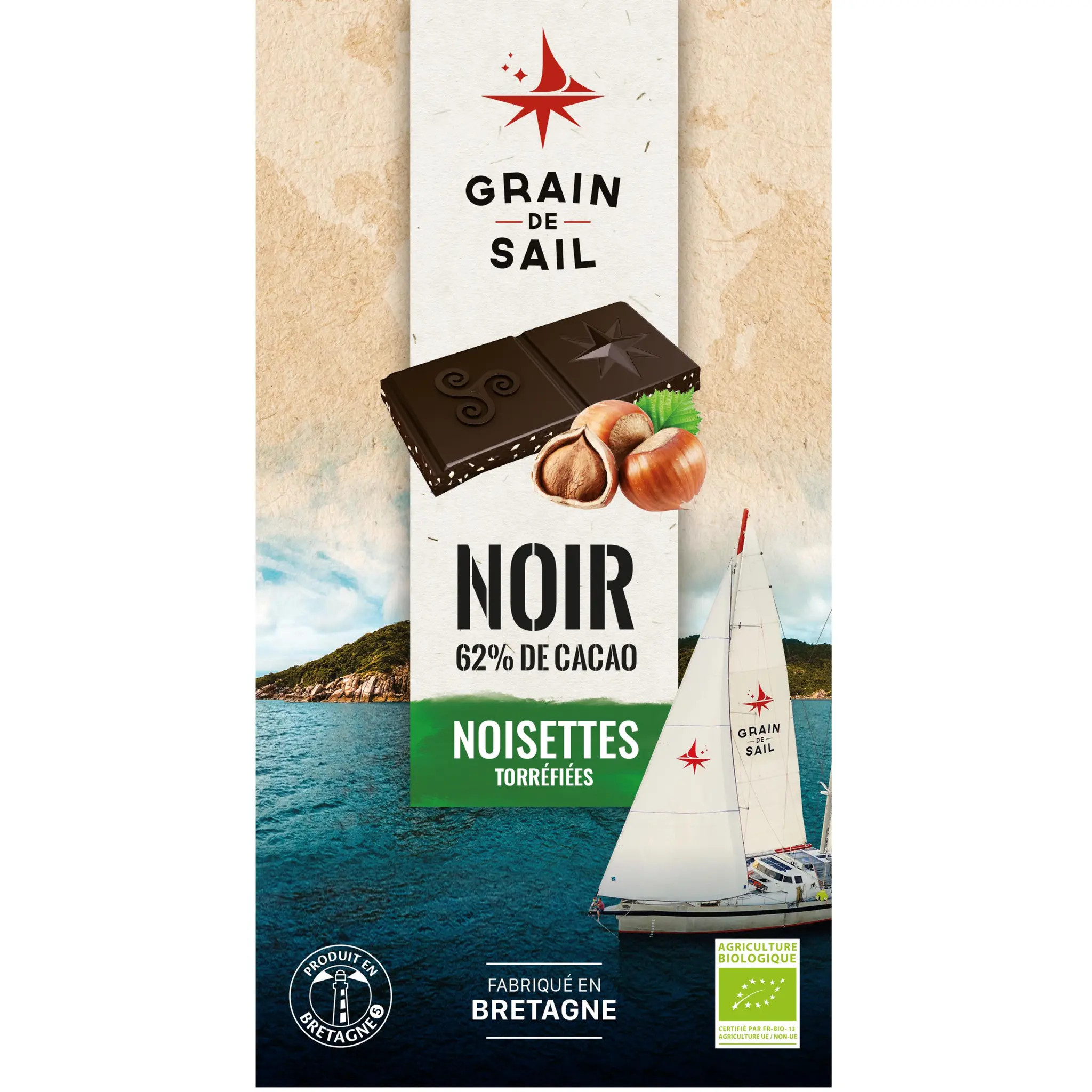 GRAIN DE SAIL Tablette de chocolat noir aux noisettes torréfiées bio 62% cacao