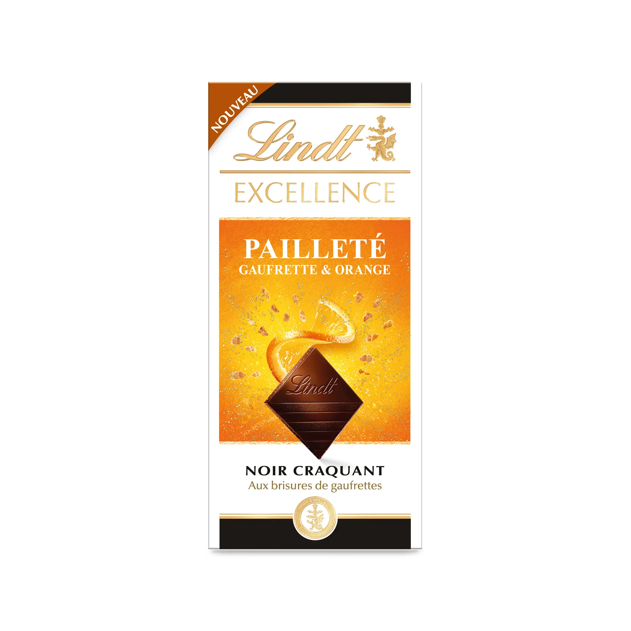 LINDT Excellence Tablette de chocolat noir pailleté gaufrette et orange