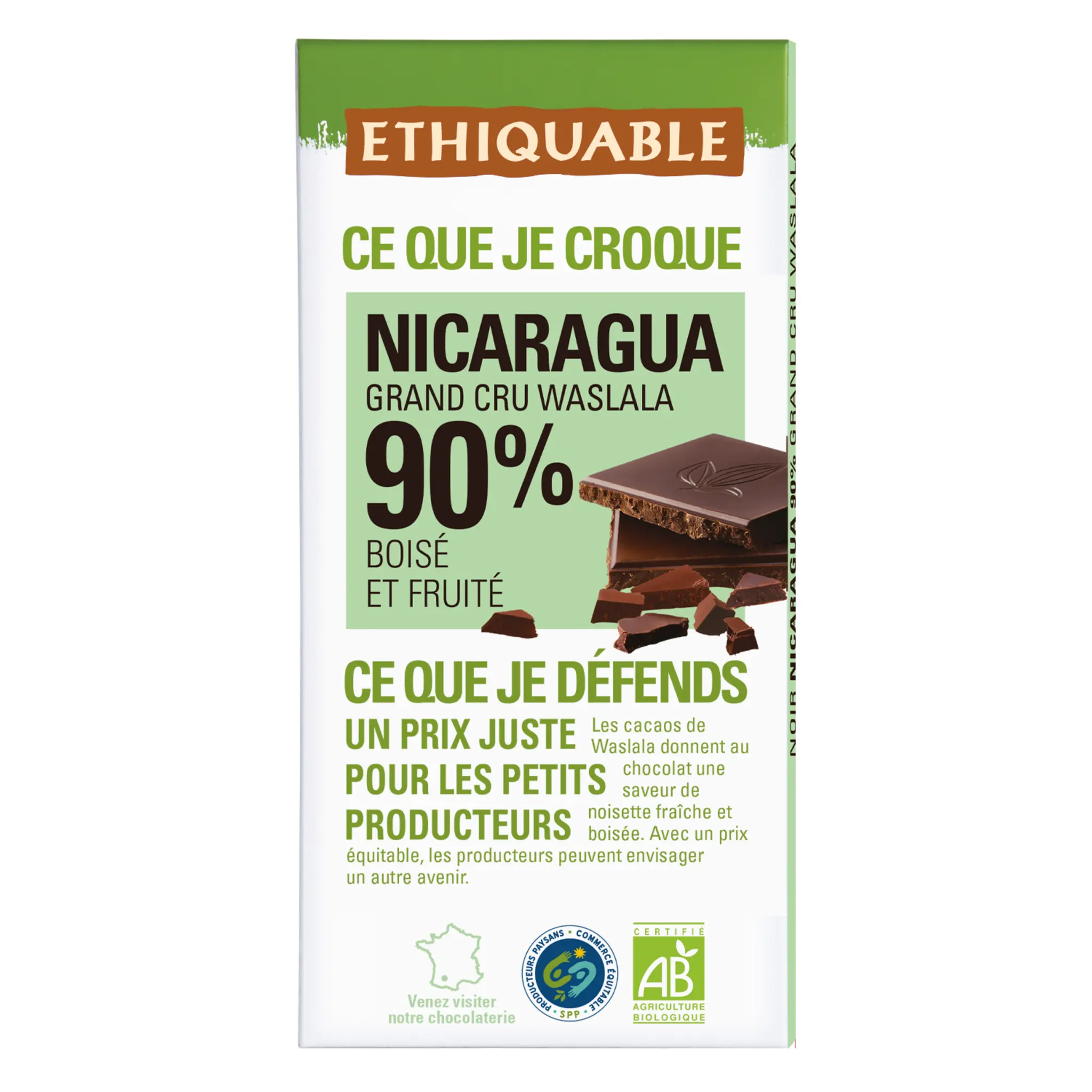 ETHIQUABLE Tablette de chocolat noir bio Nicaragua 90% cacao boisé et fruité