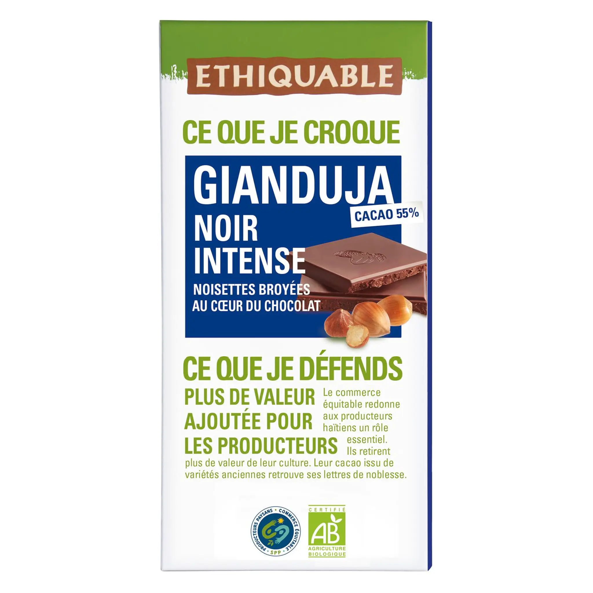 ETHIQUABLE Tablette de chocolat noir bio intense noisettes broyées Gianduja 55% cacao