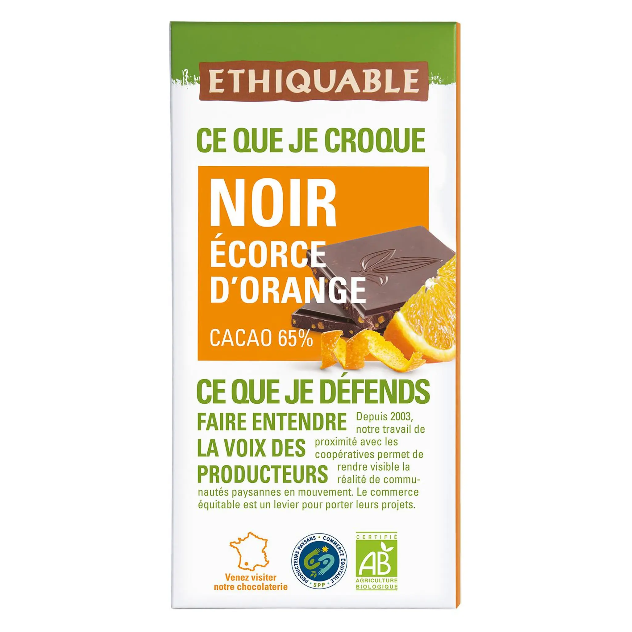 ETHIQUABLE Tablette de chocolat noir bio écorce d'orange Pérou Haïti 65% cacao