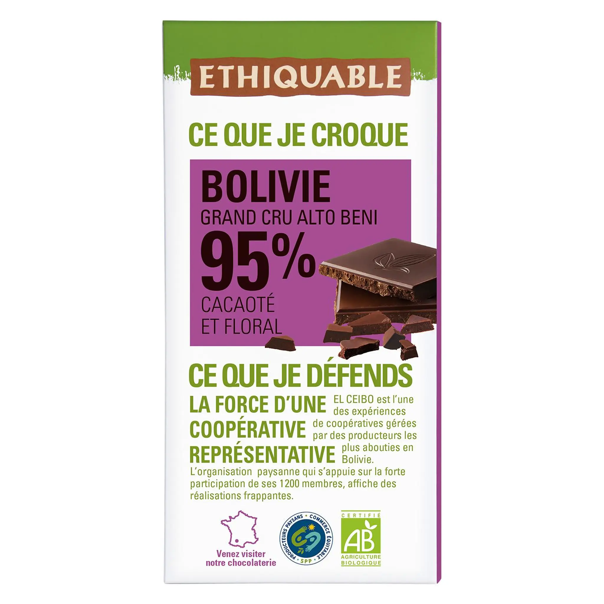 ETHIQUABLE Tablette de chocolat noir 95% bolivie bio