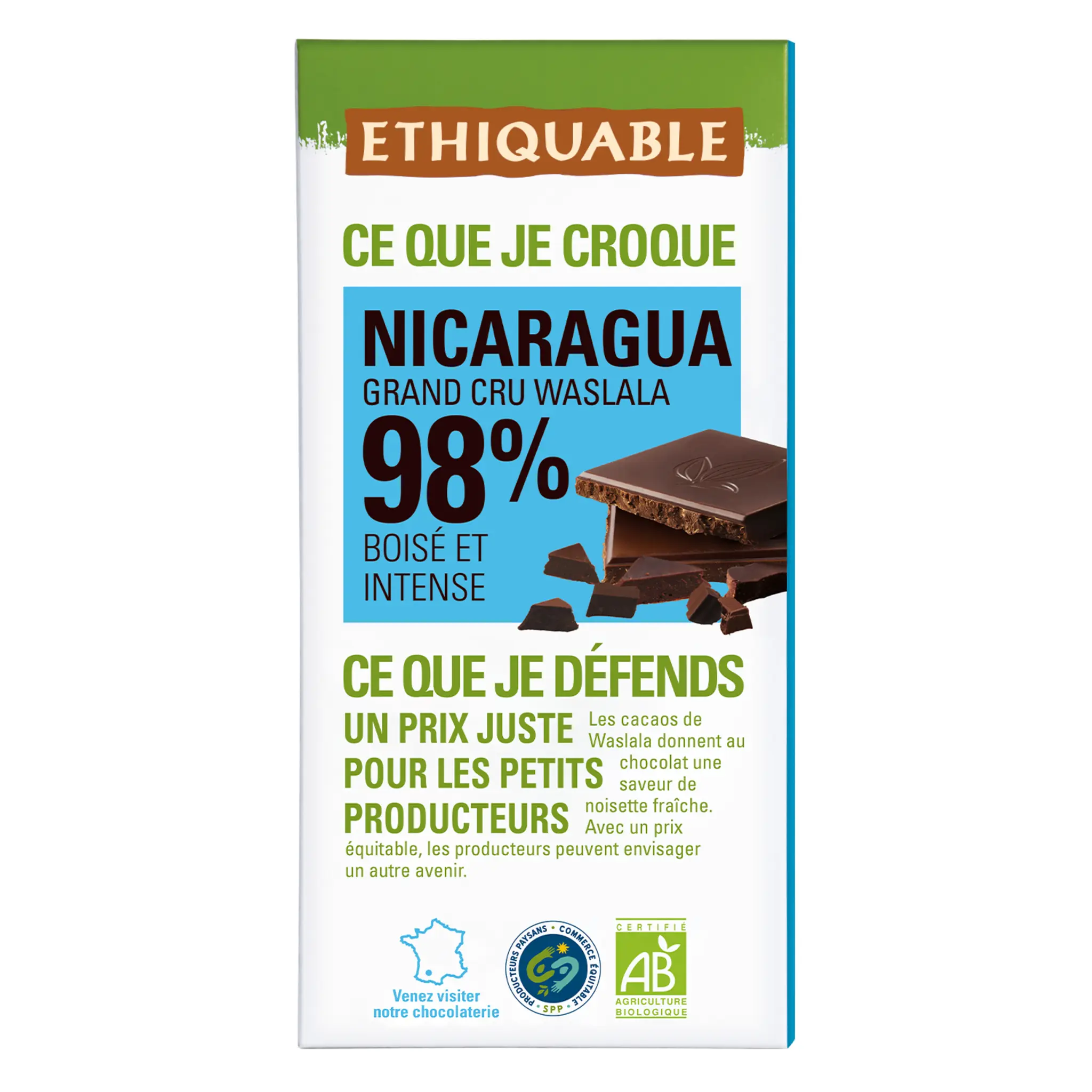 ETHIQUABLE Tablette de chocolat noir bio de l'Equateur 98% cacao boisé et intense