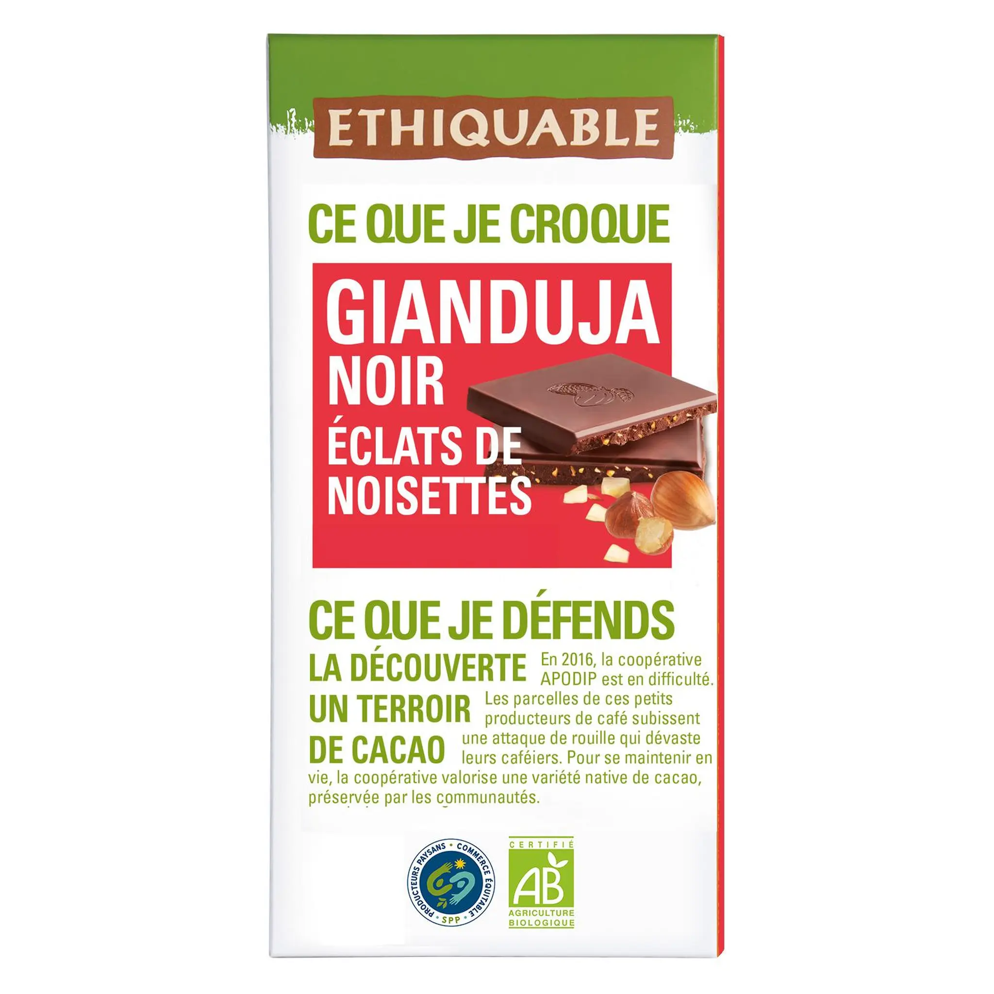 ETHIQUABLE Tablette de chocolat noir bio éclats de noisettes Gianduja