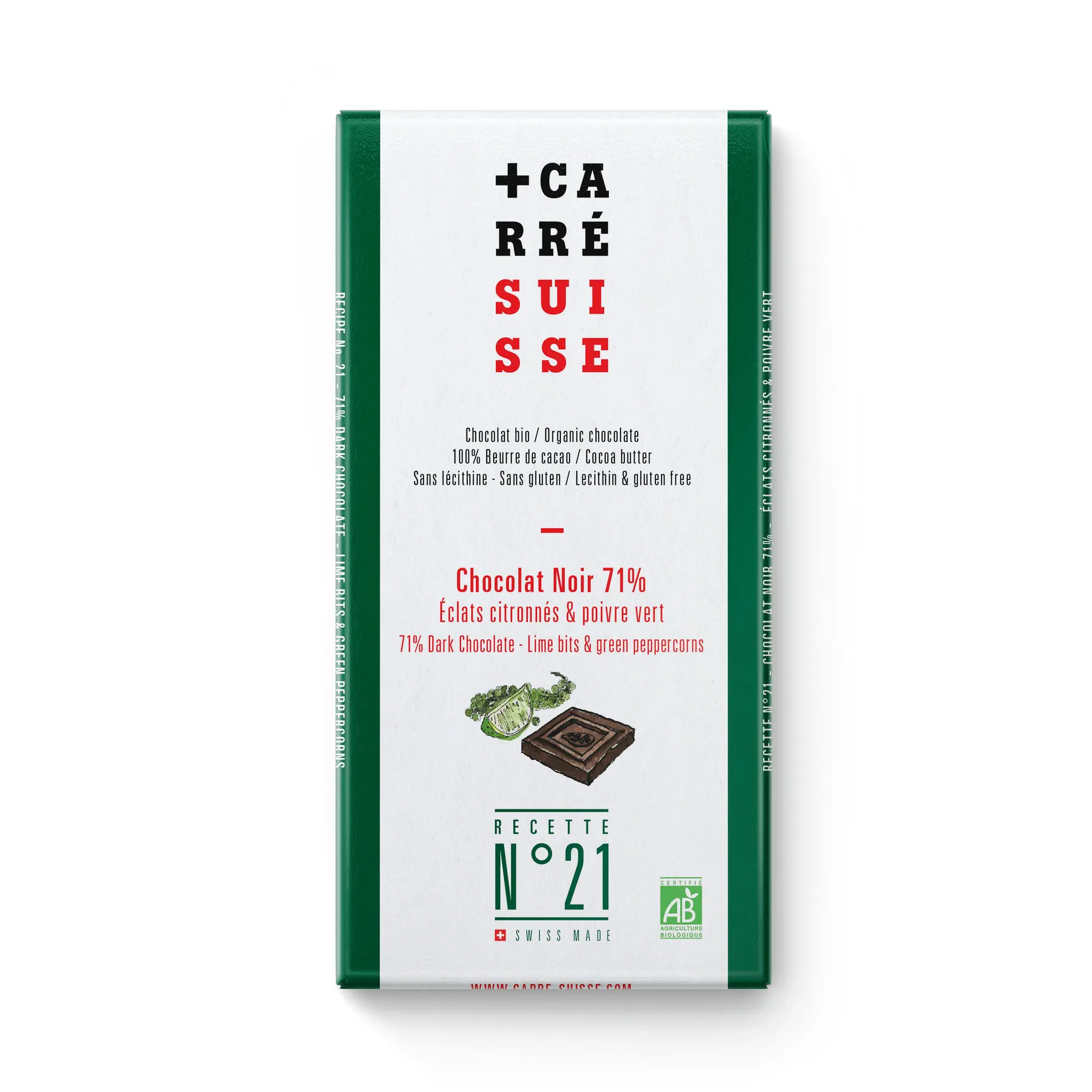 CARRE SUISSE Tablette de chocolat noir 71% cacao bio éclat citron poivre vert