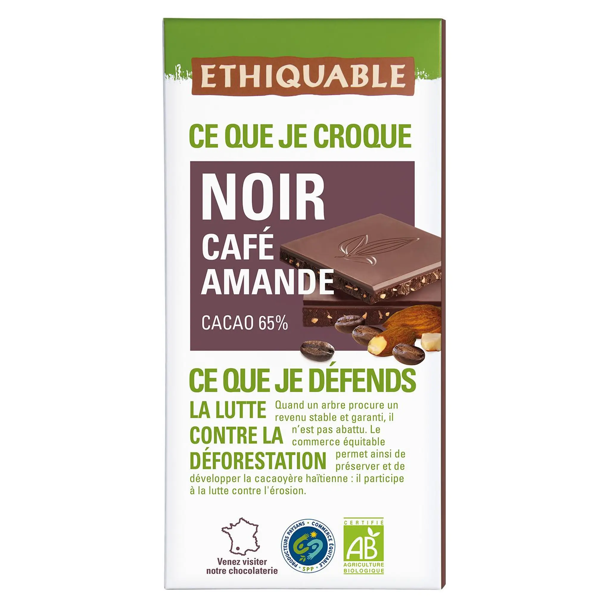 ETHIQUABLE Tablette de chocolat noir bio café et amandes