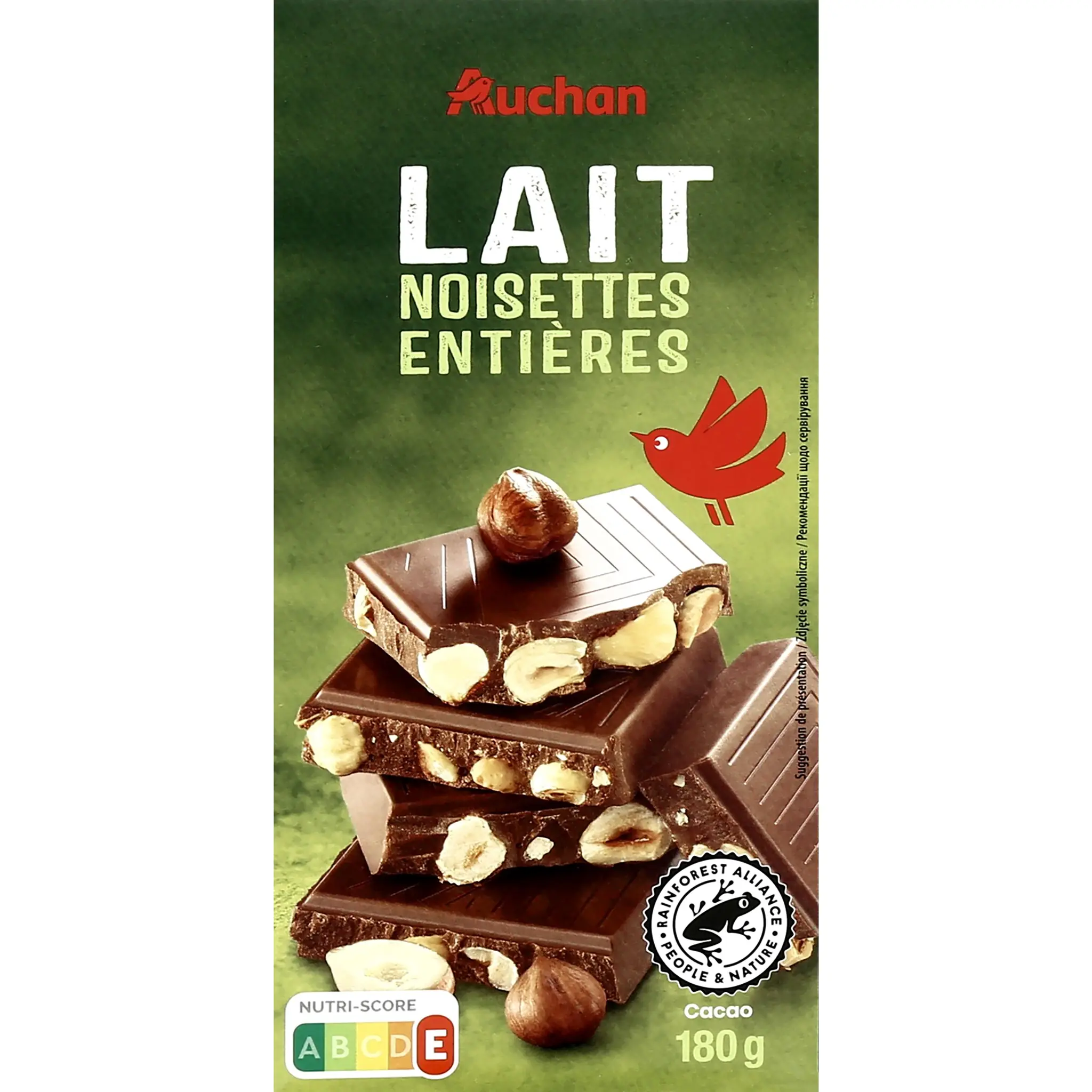 AUCHAN Tablette de chocolat au lait aux noisettes entières