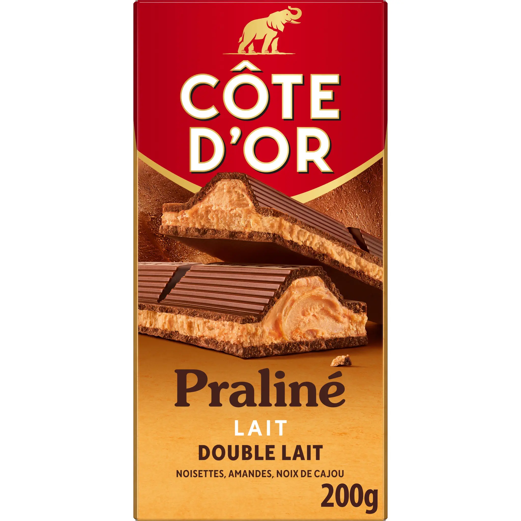 COTE D'OR Tablette de chocolat au lait fourré praliné et double lait